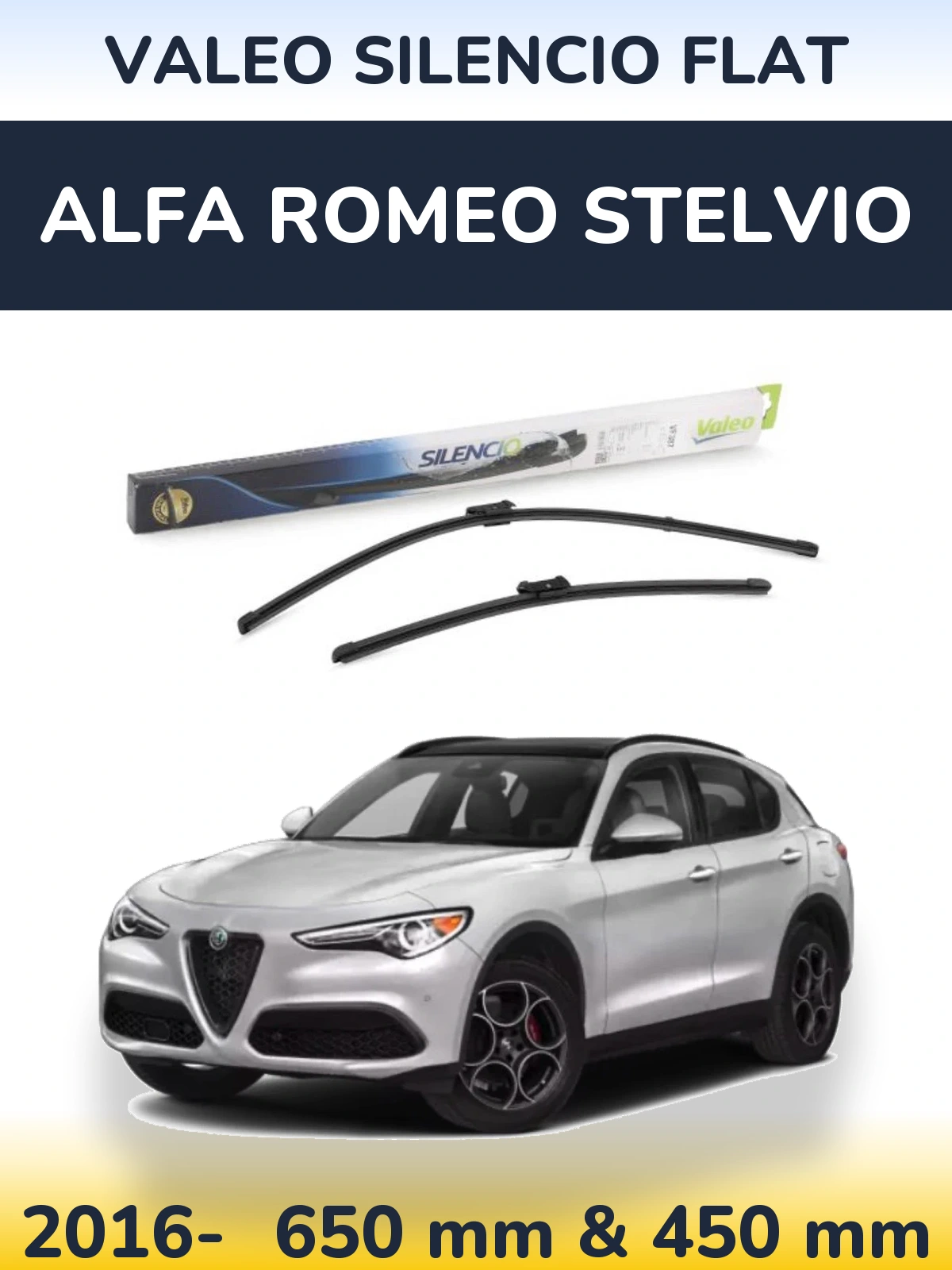 Front wiper blade set Valeo Silencio Flat 650 & 450 mm for Alfa Romeo Stelvio 2016-2026