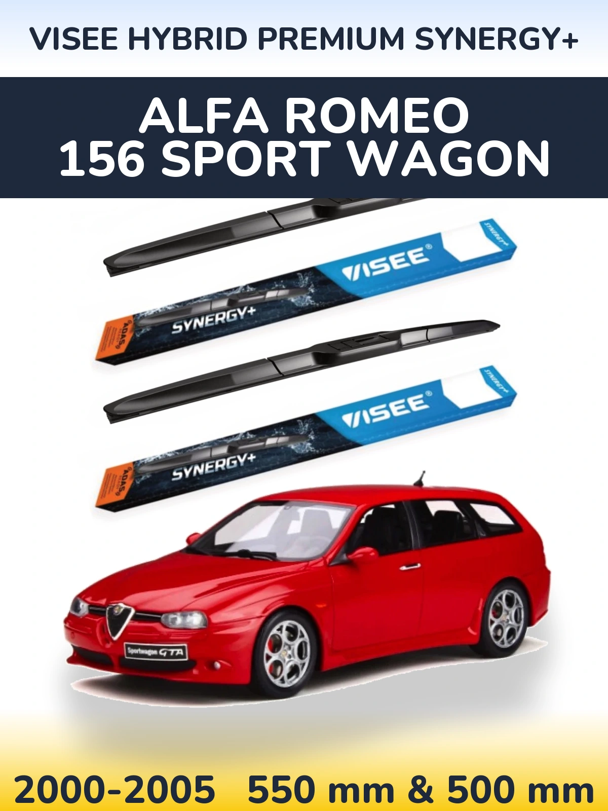 Front wiper blade set VISEE HYBRID PREMIUM SYNERGY+ 550 & 500 mm for Alfa Romeo 156 Sport Wagon 2000-2005