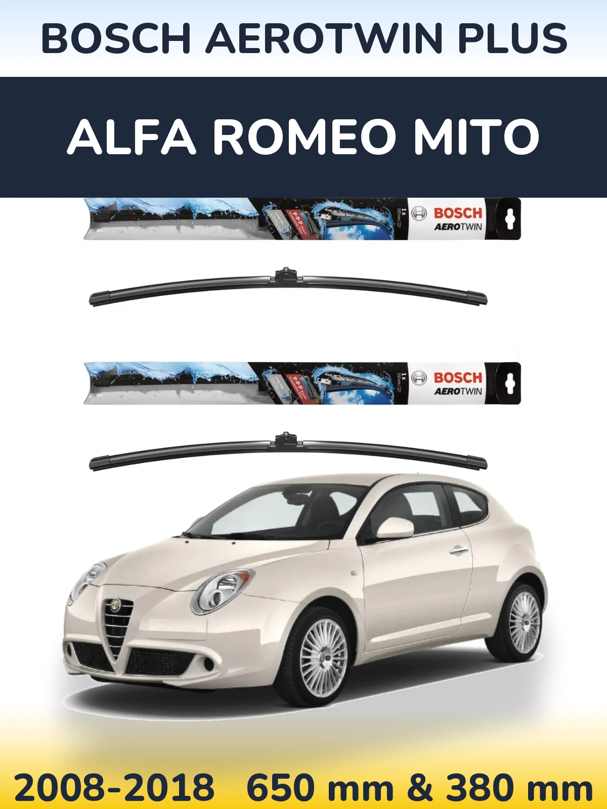Комплект передних дворников BOSCH AeroTwin Plus 650 & 380 мм для Alfa Romeo MiTo 2008-2018