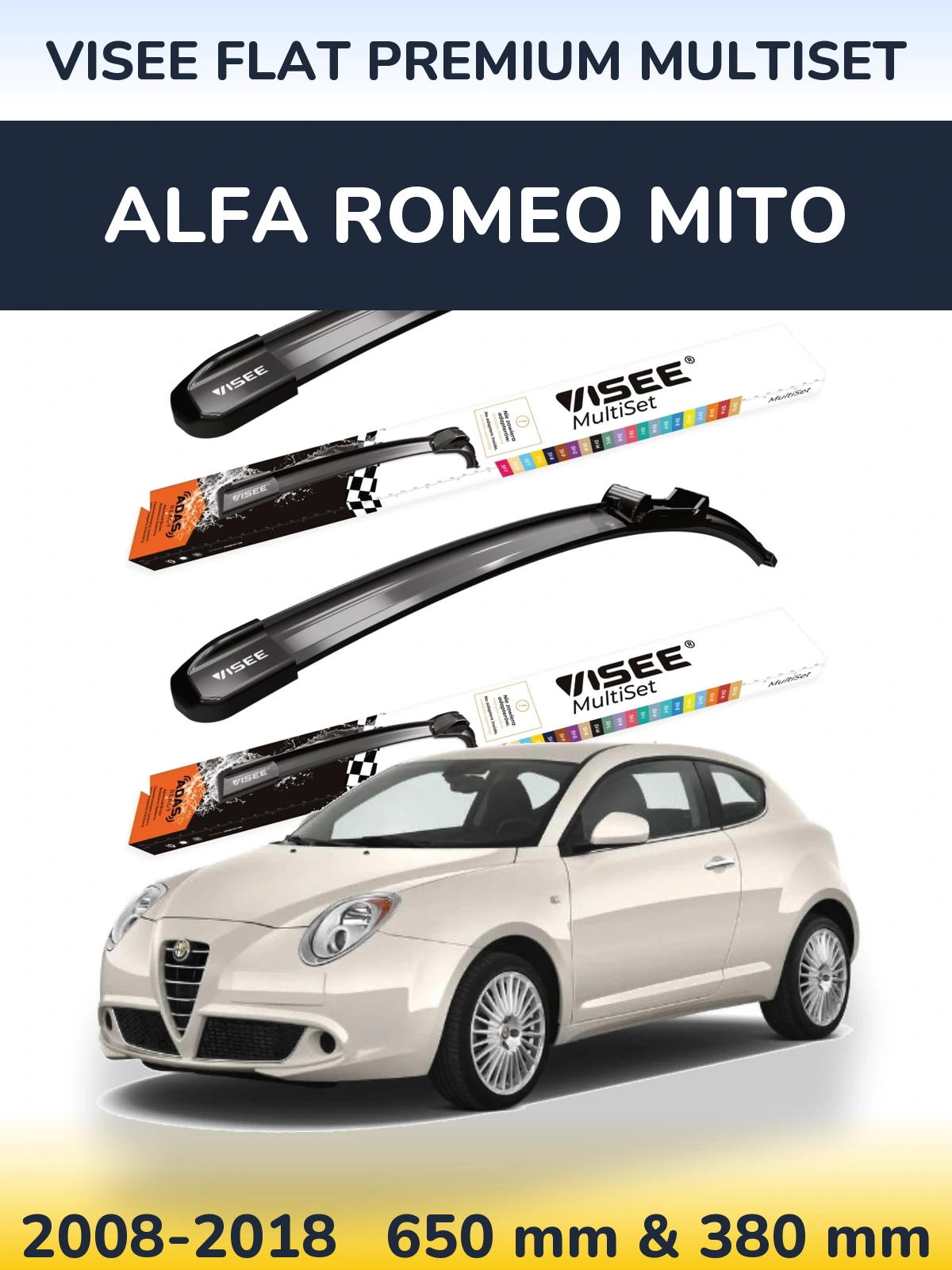 Комплект передних дворников VISEE FLAT PREMIUM MultiSet 650 & 380 мм для Alfa Romeo MiTo 2008-2018