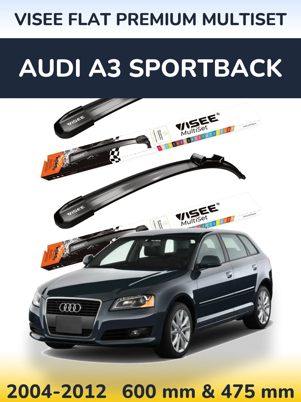 Комплект передних дворников VISEE FLAT PREMIUM MultiSet 600 & 475 мм для Audi A3 Sportback 2004-2012