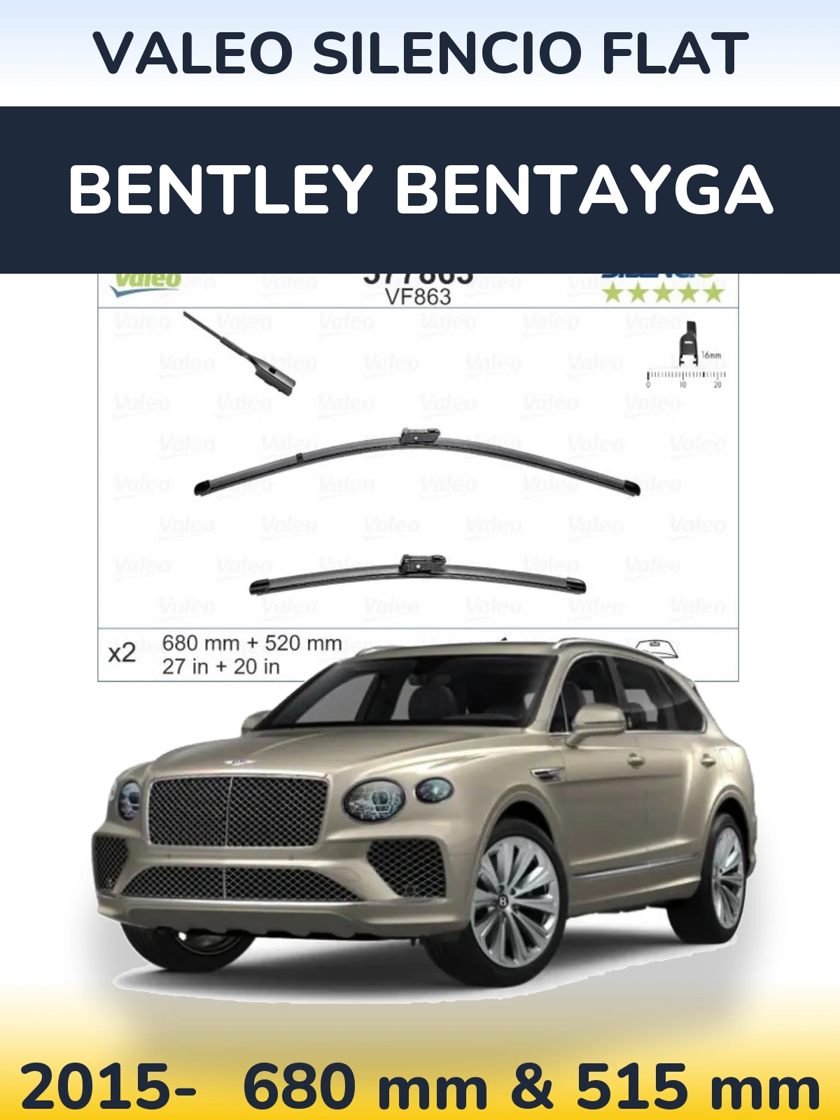 Комплект передних дворников Valeo Silencio Flat 680 & 520 мм для Bentley Bentayga 2015-2026