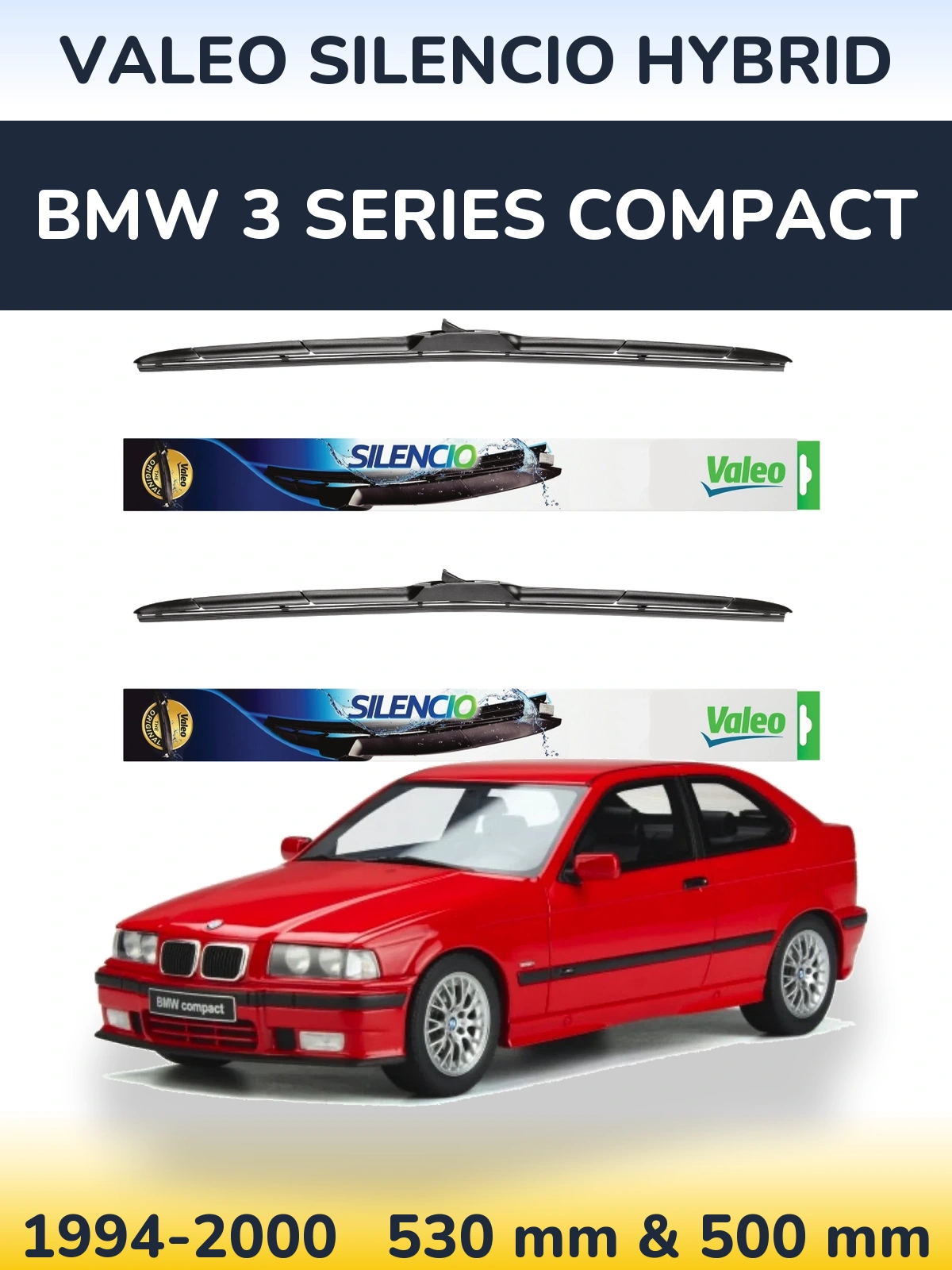 Front wiper blade set Valeo Silencio Hybrid 530 & 500 mm for BMW 3 Series Compact 1994-2000