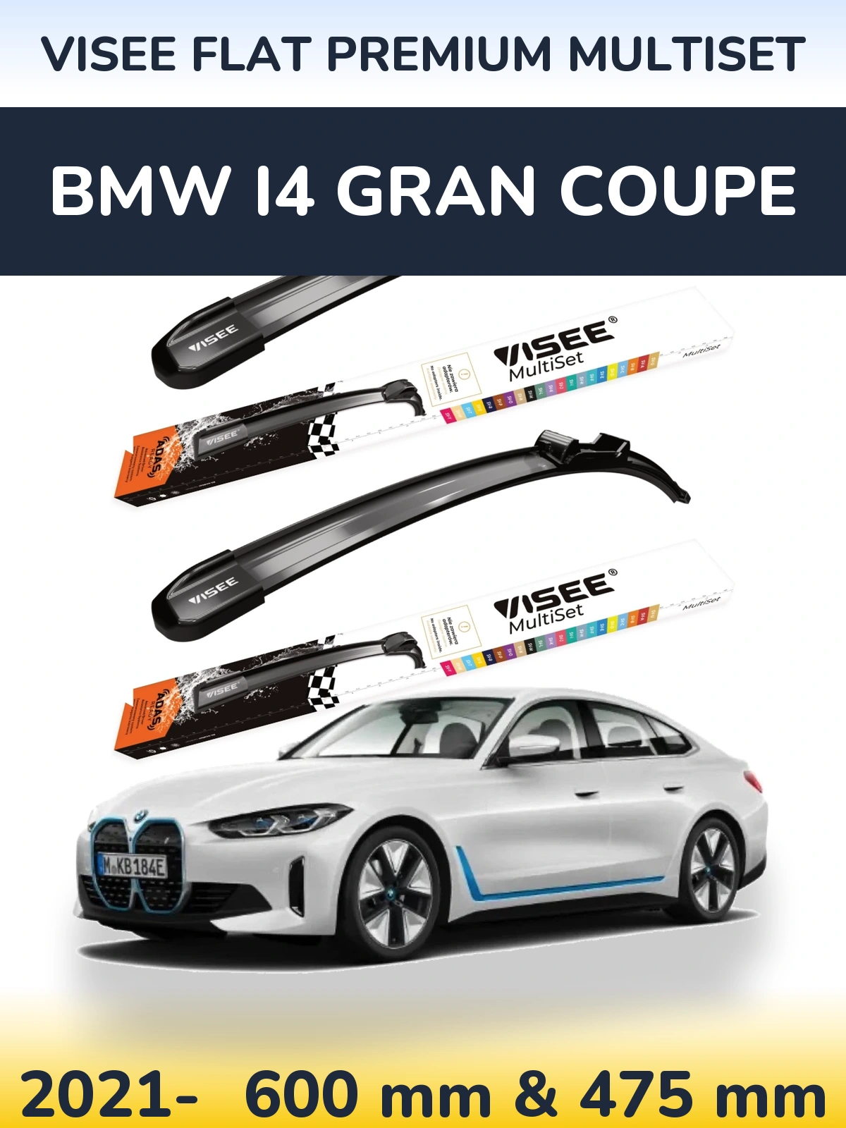 Комплект передних дворников VISEE FLAT PREMIUM MultiSet 600 & 475 мм для BMW i4 Gran Coupe 2021-2026