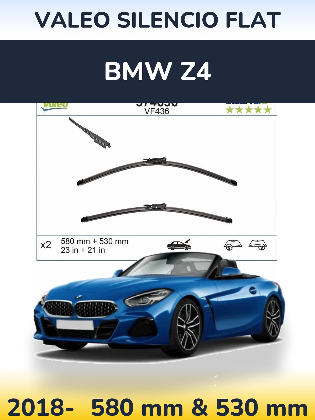 Front wiper blade set Valeo Silencio Flat 580 & 530 mm for BMW Z4 2018-2026