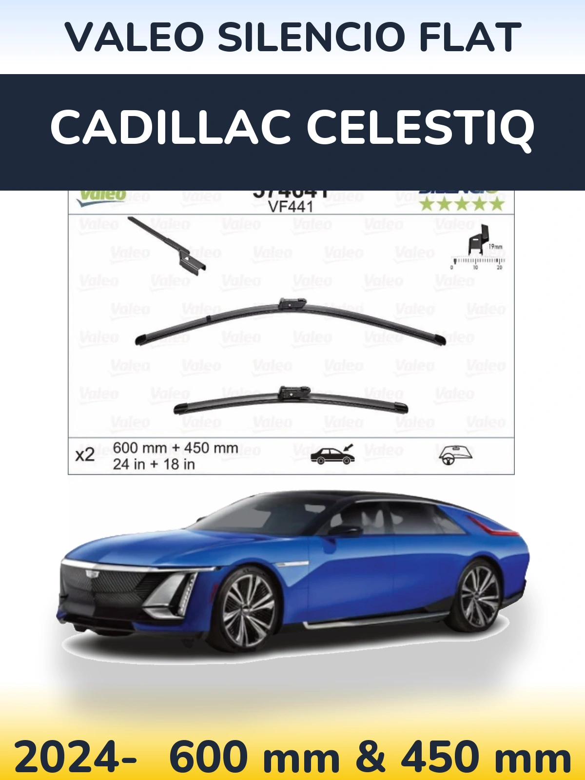 Комплект передних дворников Valeo Silencio Flat 600 & 450 мм для Cadillac Celestiq 2024-2026