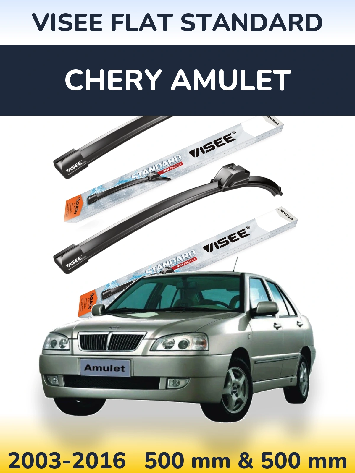 Front wiper blade set VISEE FLAT STANDARD 500 & 500 mm for Chery Amulet 2003-2016