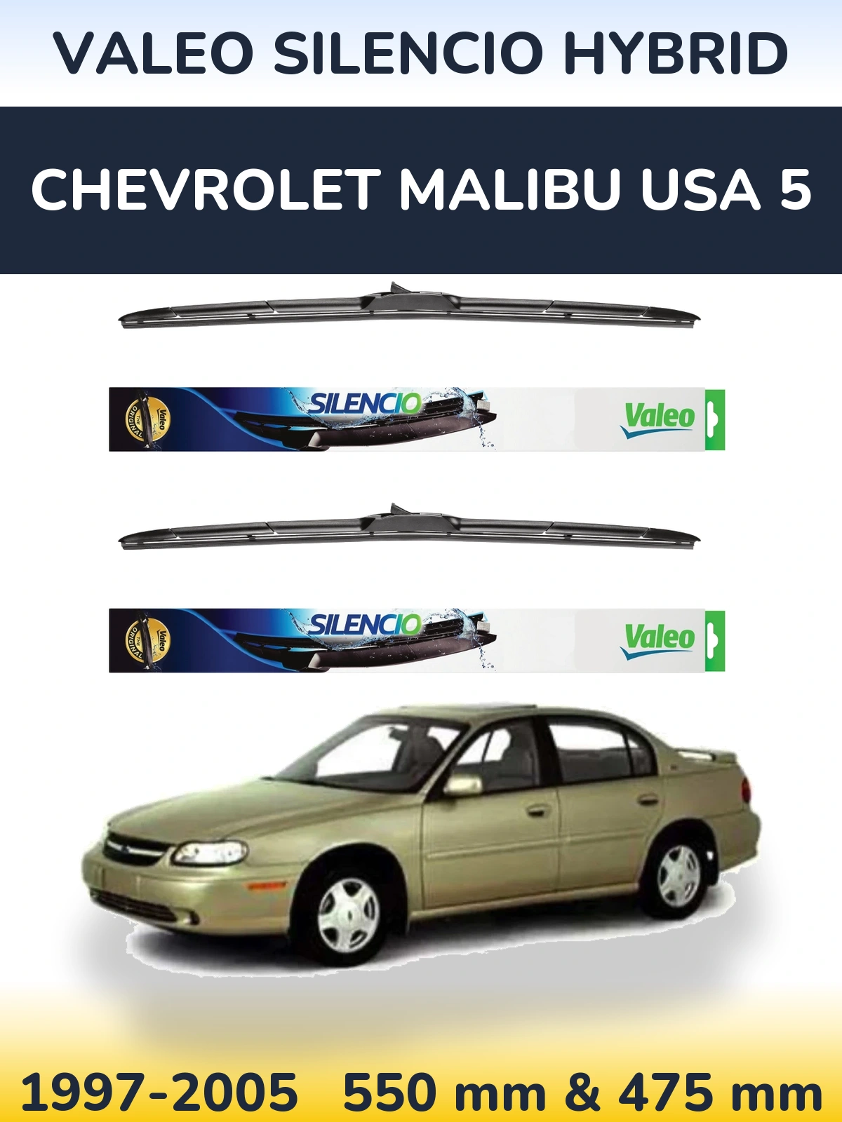 Комплект передніх щіток Valeo Silencio Hybrid 550 & 475 мм для Chevrolet Malibu USA 5 1997-2005