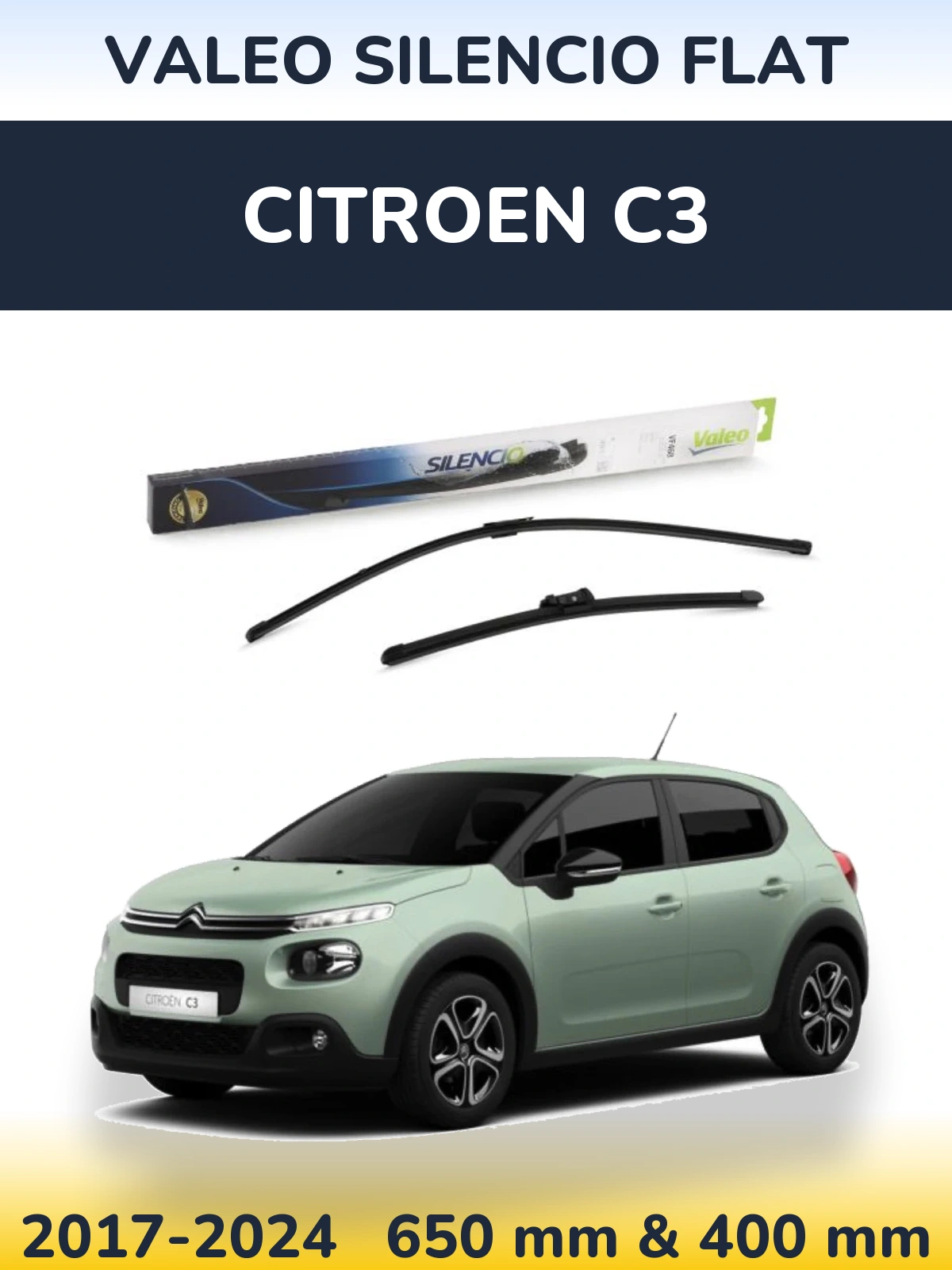 Front wiper blade set Valeo Silencio Flat 650 & 400 mm for Citroen C3 2017-2024