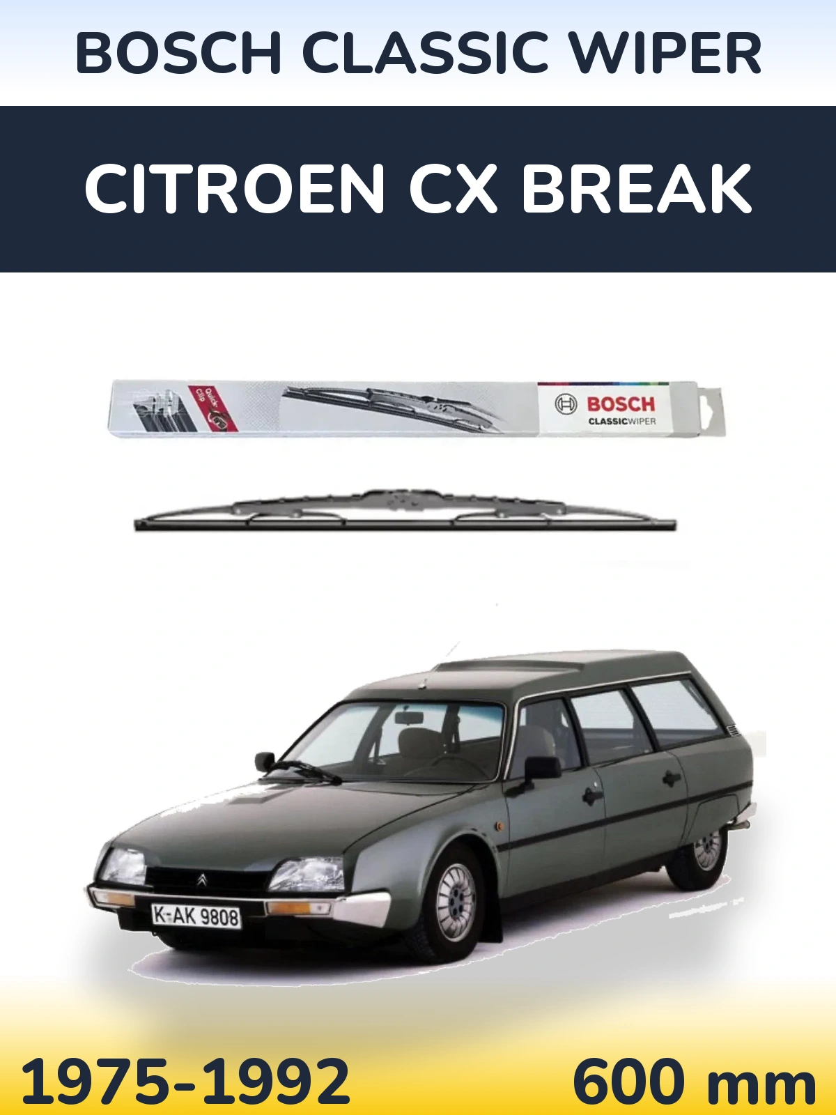 Front wiper blade BOSCH Classic Wiper 600 mm for Citroen CX Break 1975-1992