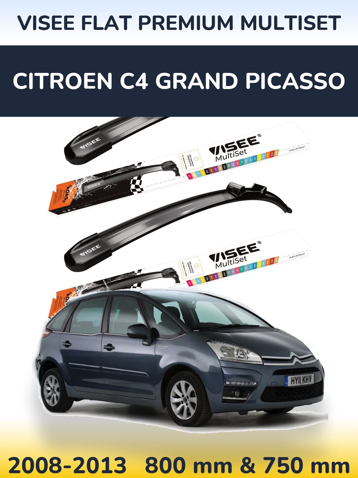 Комплект передніх щіток VISEE FLAT PREMIUM MultiSet 800 & 750 мм для Citroen C4 Grand Picasso 2008-2013