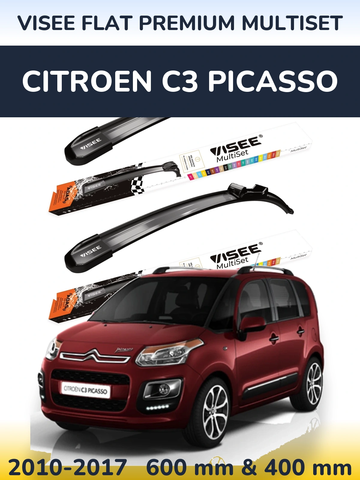 Комплект передніх щіток VISEE FLAT PREMIUM MultiSet 600 & 400 мм для Citroen C3 Picasso 2010-2017