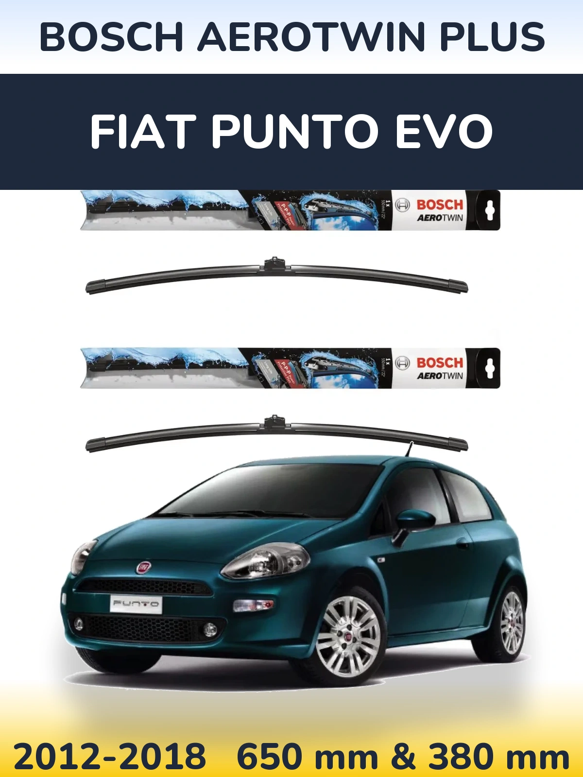 Комплект передних дворников BOSCH AeroTwin Plus 650 & 380 мм для Fiat Punto Evo 2012-2018