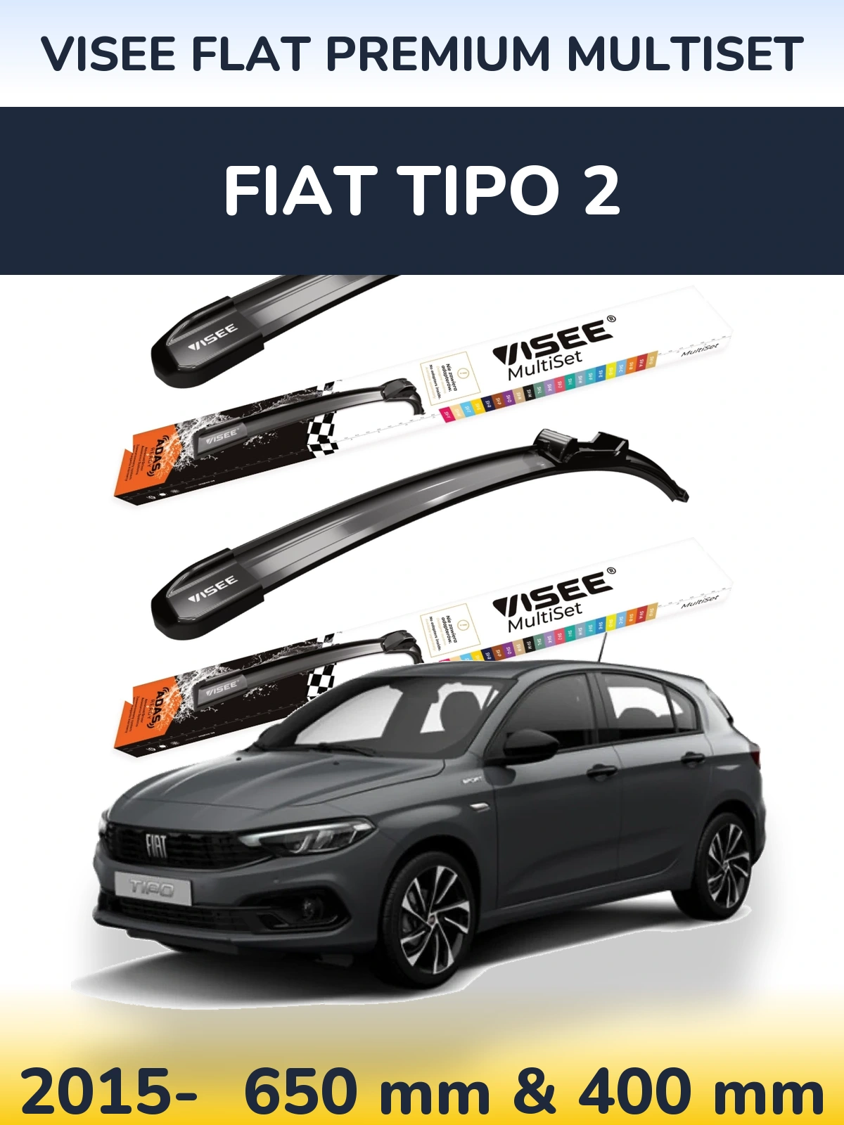Комплект передних дворников VISEE FLAT PREMIUM MultiSet 650 & 400 мм для Fiat Tipo 2 2015-2026