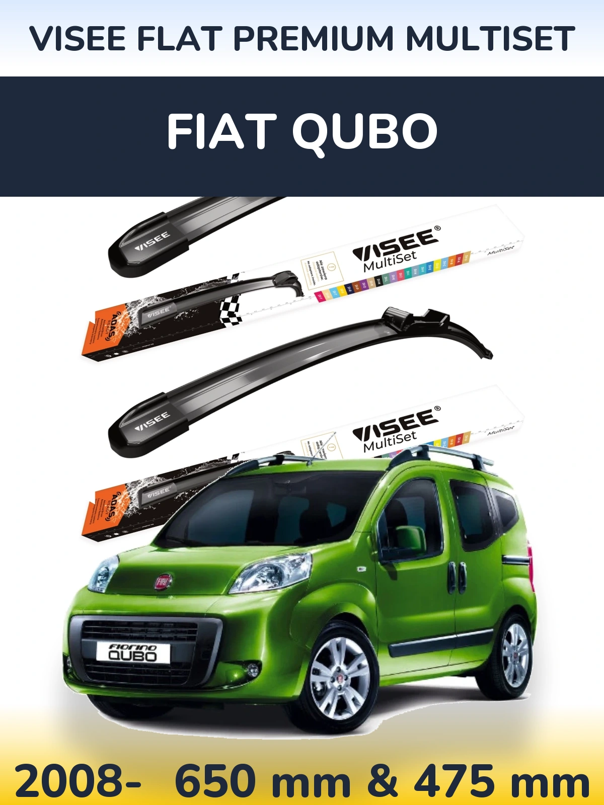 Комплект передних дворников VISEE FLAT PREMIUM MultiSet 650 & 475 мм для Fiat Qubo 2008-2026
