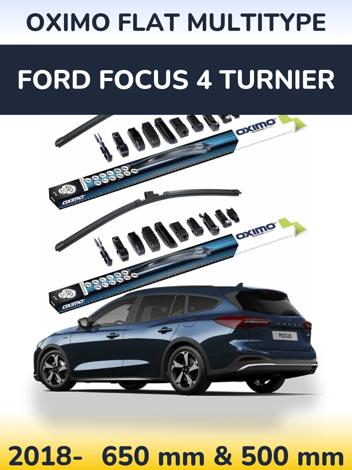 Комплект передних дворников Oximo Flat MultiТипe 650 & 500 мм для Ford Focus 4 Turnier 2018-2026