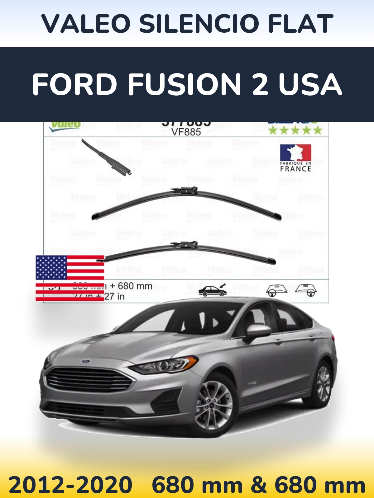 Комплект передніх щіток Valeo Silencio Flat 680 & 680 мм для Ford Fusion 2 USA 2012-2020