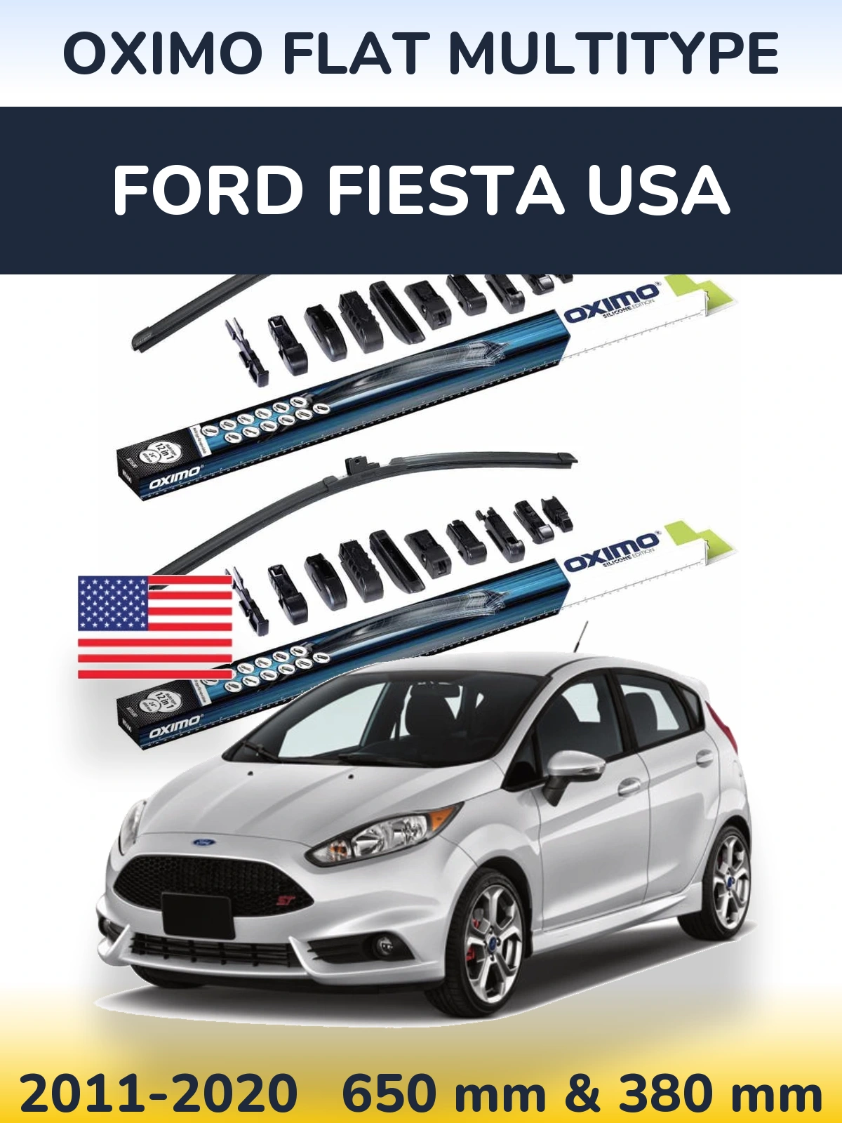 Front wiper blade set Oximo Flat MultiTypee 650 & 380 mm for Ford Fiesta USA 2011-2020