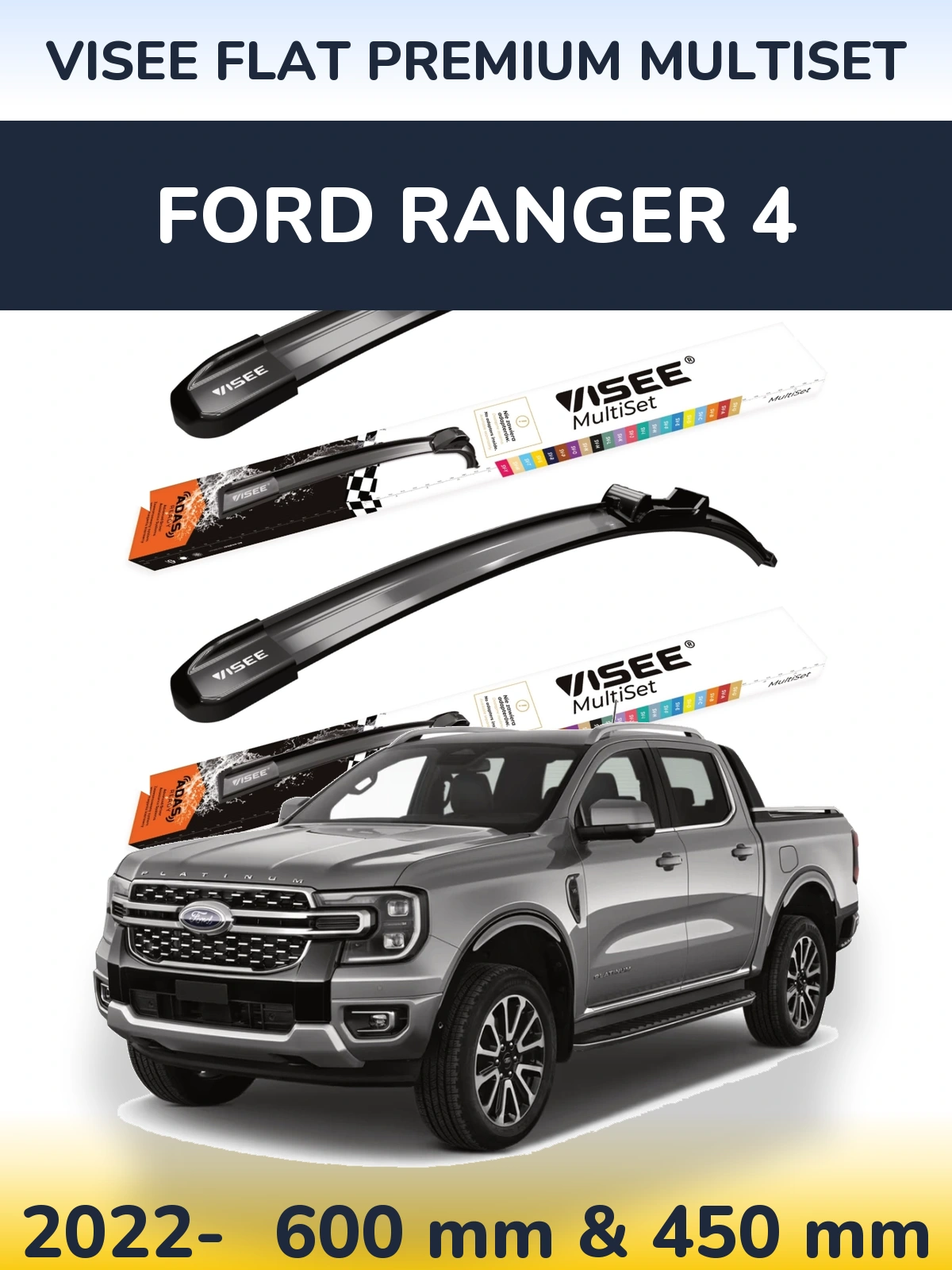Комплект передніх щіток VISEE FLAT PREMIUM MultiSet 600 & 450 мм для Ford Ranger 4 2022-2026