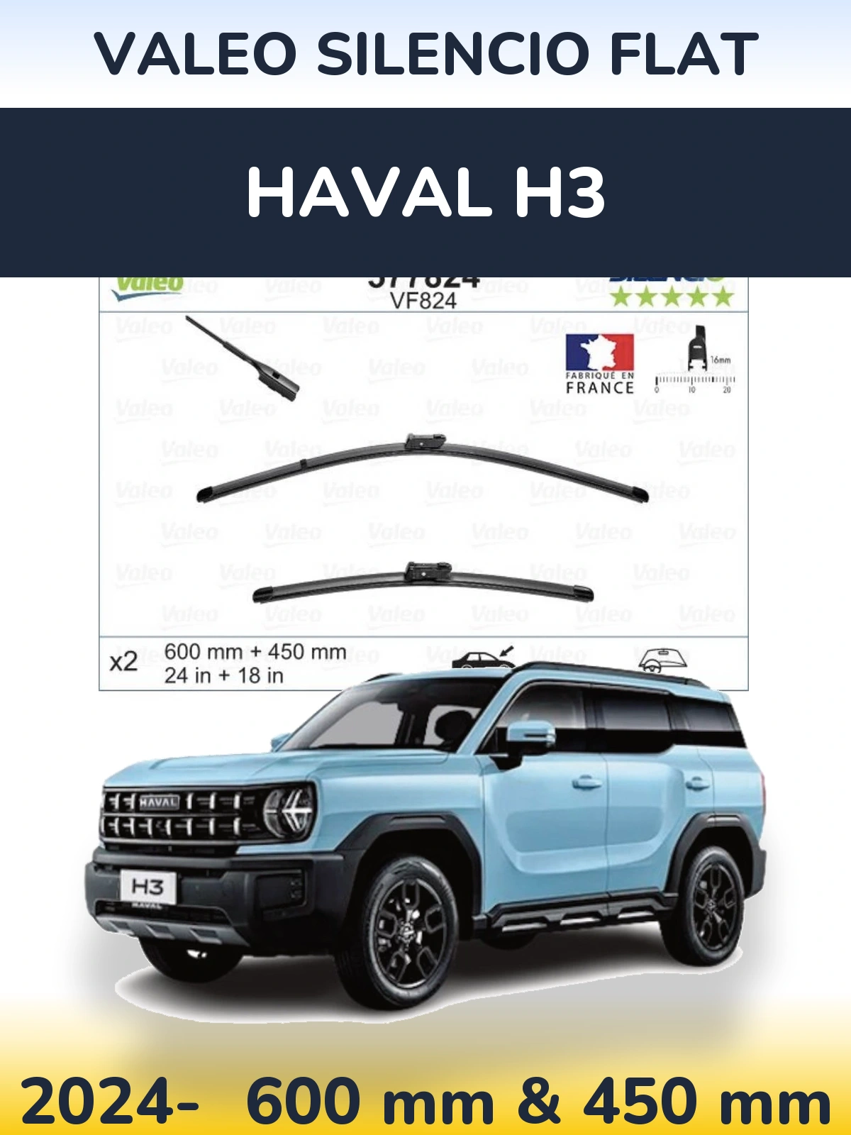 Комплект передніх щіток Valeo Silencio Flat 600 & 450 мм для Haval H3 2024-2026