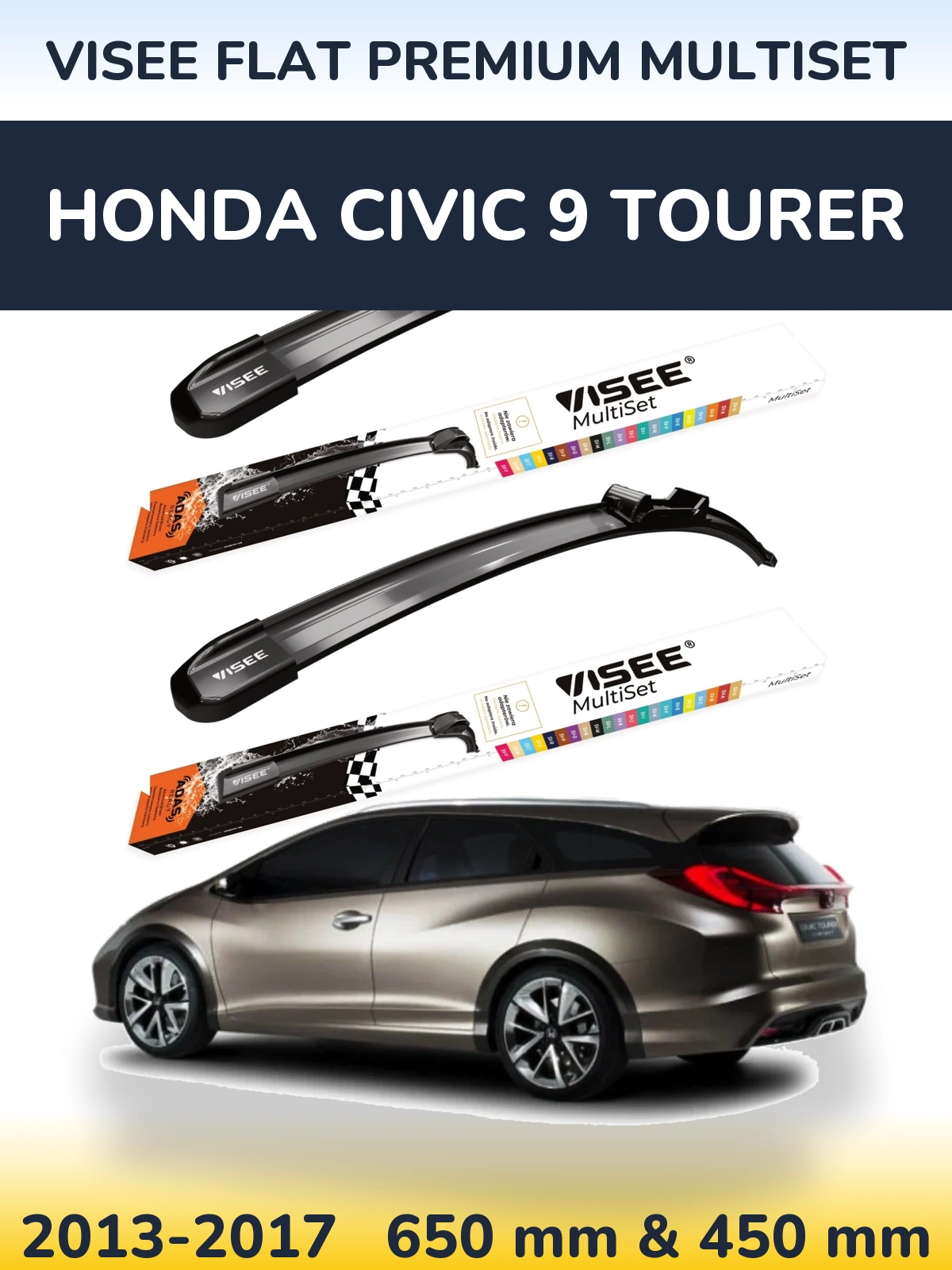 Комплект передних дворников VISEE FLAT PREMIUM MultiSet 650 & 450 мм для Honda Civic 9 Tourer 2013-2017
