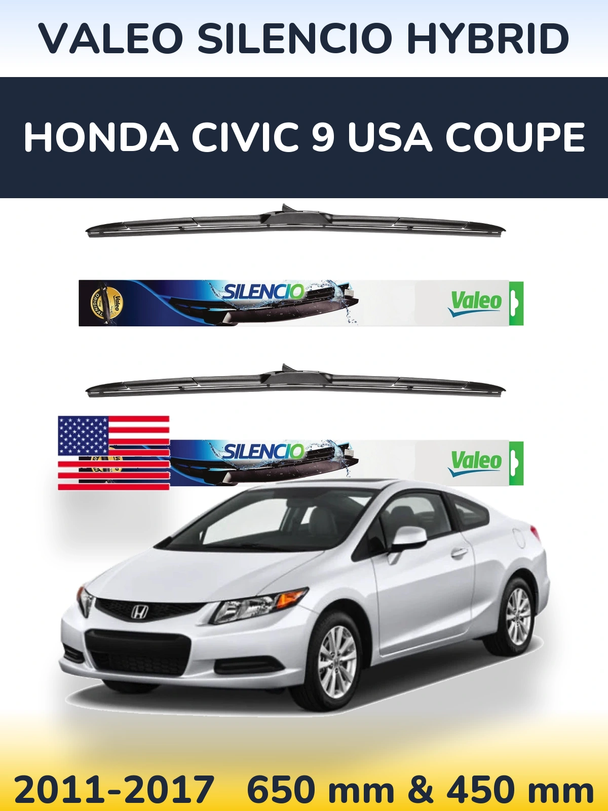 Комплект передних дворников Valeo Silencio Hybrid 650 & 450 мм для Honda Civic 9 USA coupe 2011-2017