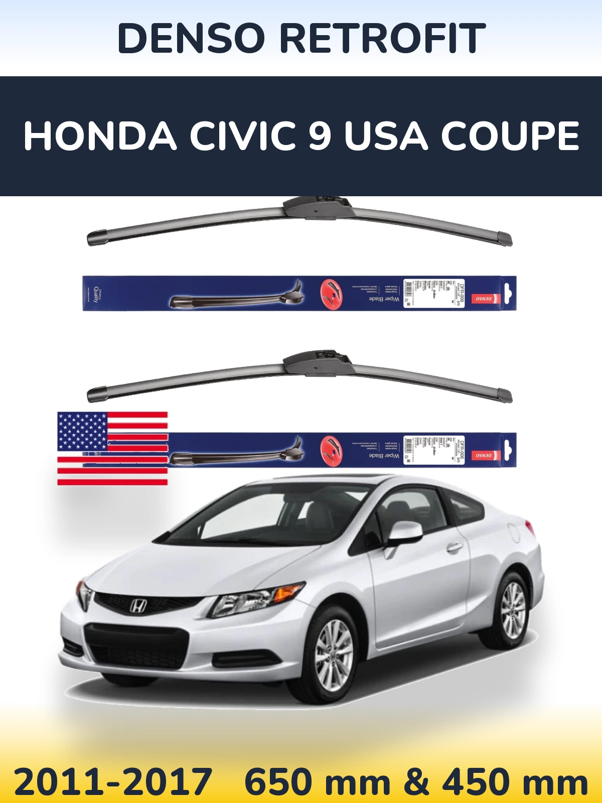 Front wiper blade set Denso Retrofit 650 & 450 mm for Honda Civic 9 USA coupe 2011-2017
