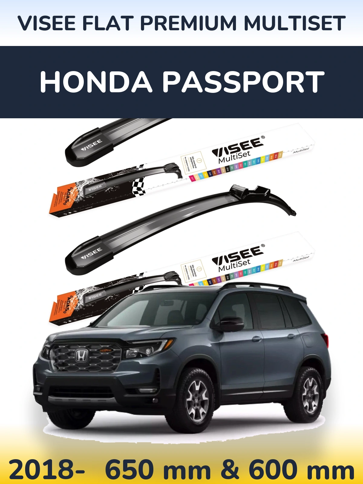 Комплект передніх щіток VISEE FLAT PREMIUM MultiSet 650 & 600 мм для Honda Passport 2018-2026