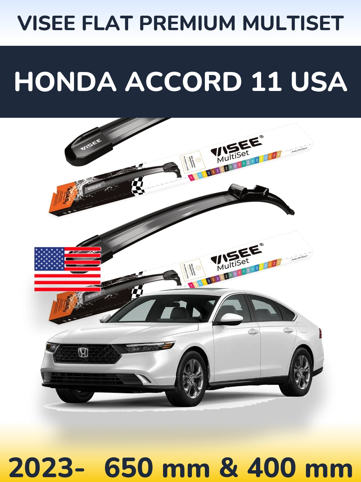 Комплект передніх щіток VISEE FLAT PREMIUM MultiSet 650 & 400 мм для Honda Accord 11 USA 2023-2026