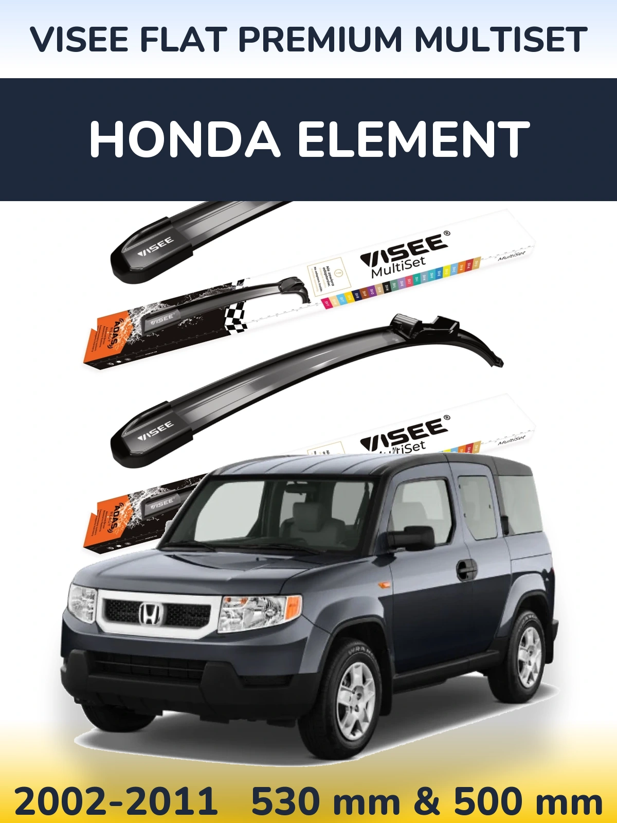 Комплект передних дворников VISEE FLAT PREMIUM MultiSet 530 & 500 мм для Honda Element 2002-2011