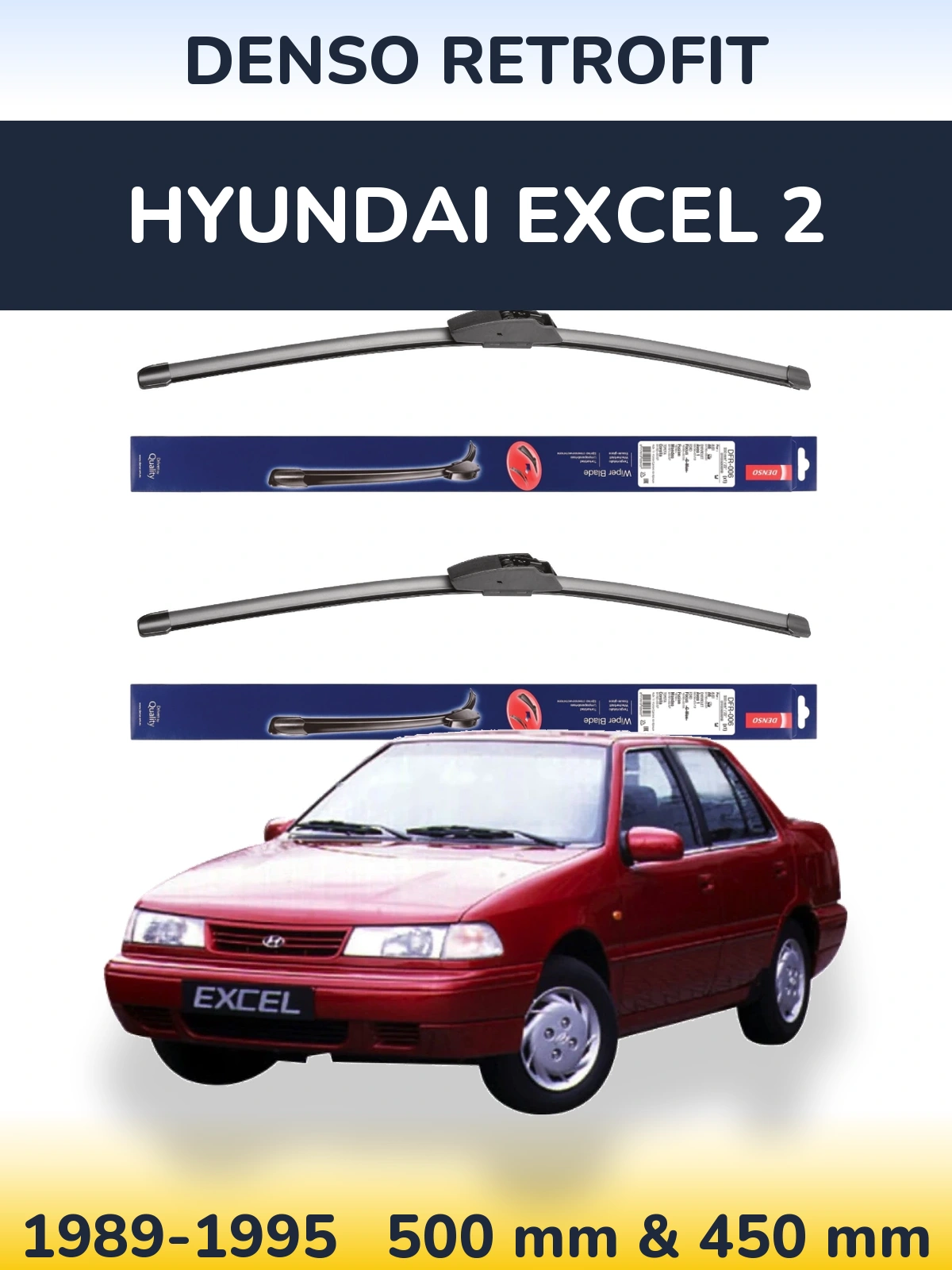 Front wiper blade set Denso Retrofit 500 & 450 mm for Hyundai Excel 2 1989-1995
