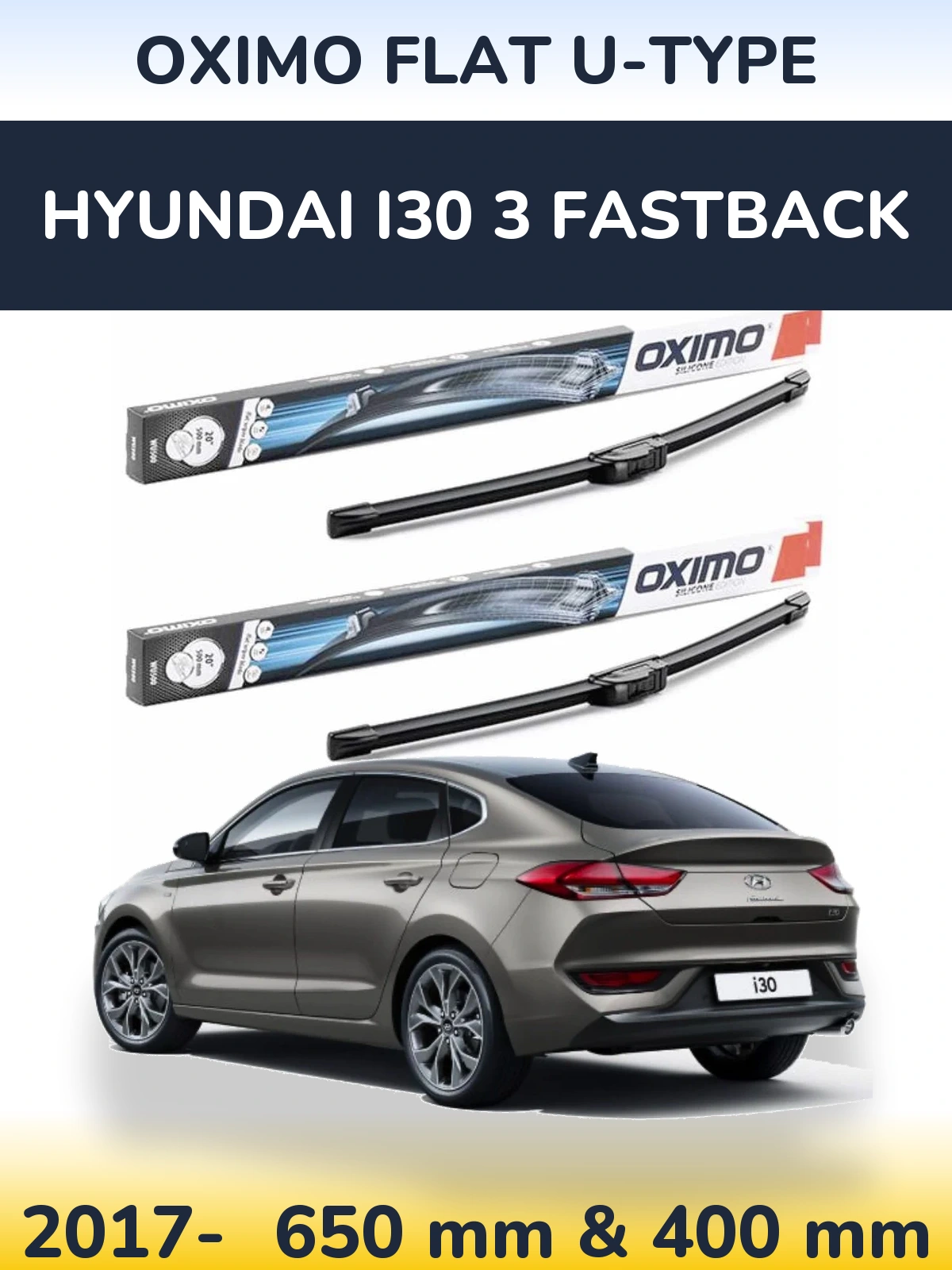 Комплект передних дворников Oximo Flat U-type 650 & 400 мм для Hyundai i30 3 Fastback 2017-2026