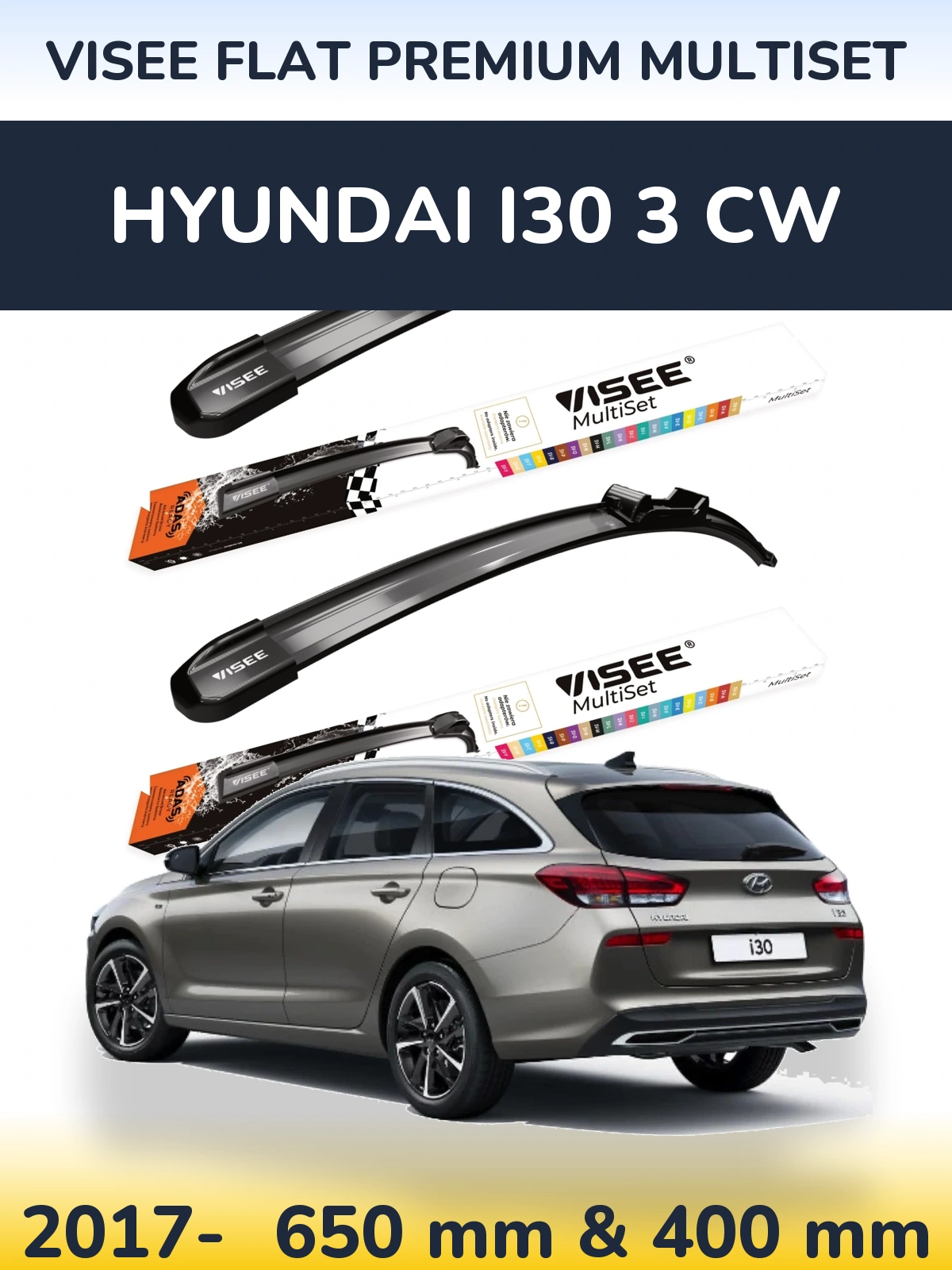 Комплект передних дворников VISEE FLAT PREMIUM MultiSet 650 & 400 мм для Hyundai i30 3 CW 2017-2026