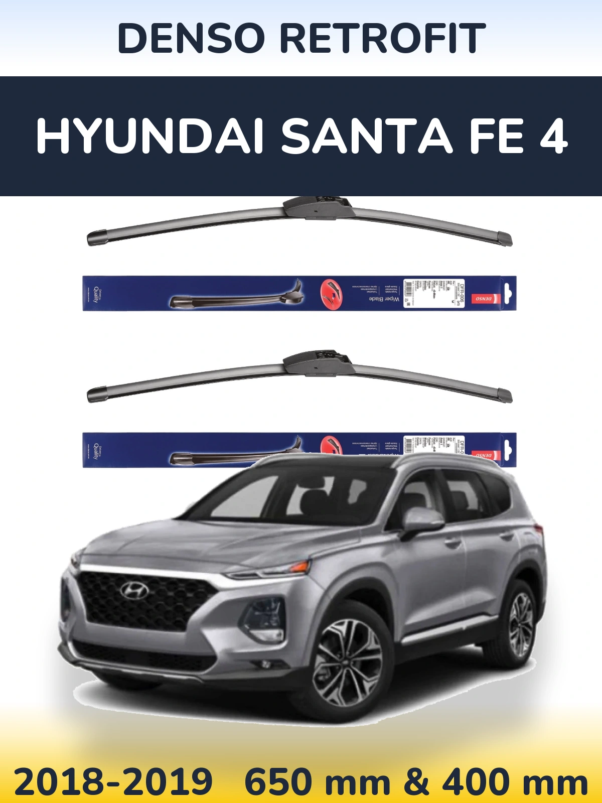 Front wiper blade set Denso Retrofit 650 & 400 mm for Hyundai Santa Fe 4 2018-2019