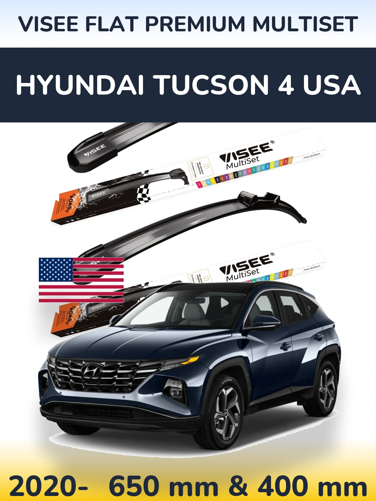 Front wiper blade set VISEE FLAT PREMIUM MultiSet 650 & 400 mm for Hyundai Tucson 4 USA 2020-2026