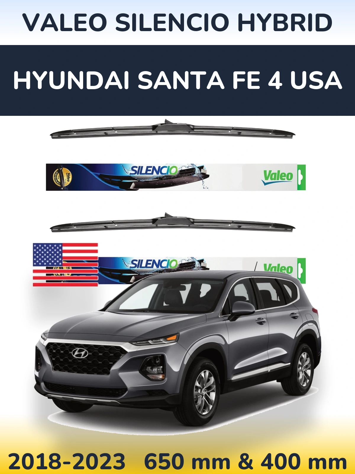 Комплект передних дворников Valeo Silencio Hybrid 650 & 400 мм для Hyundai Santa Fe 4 USA 2018-2023