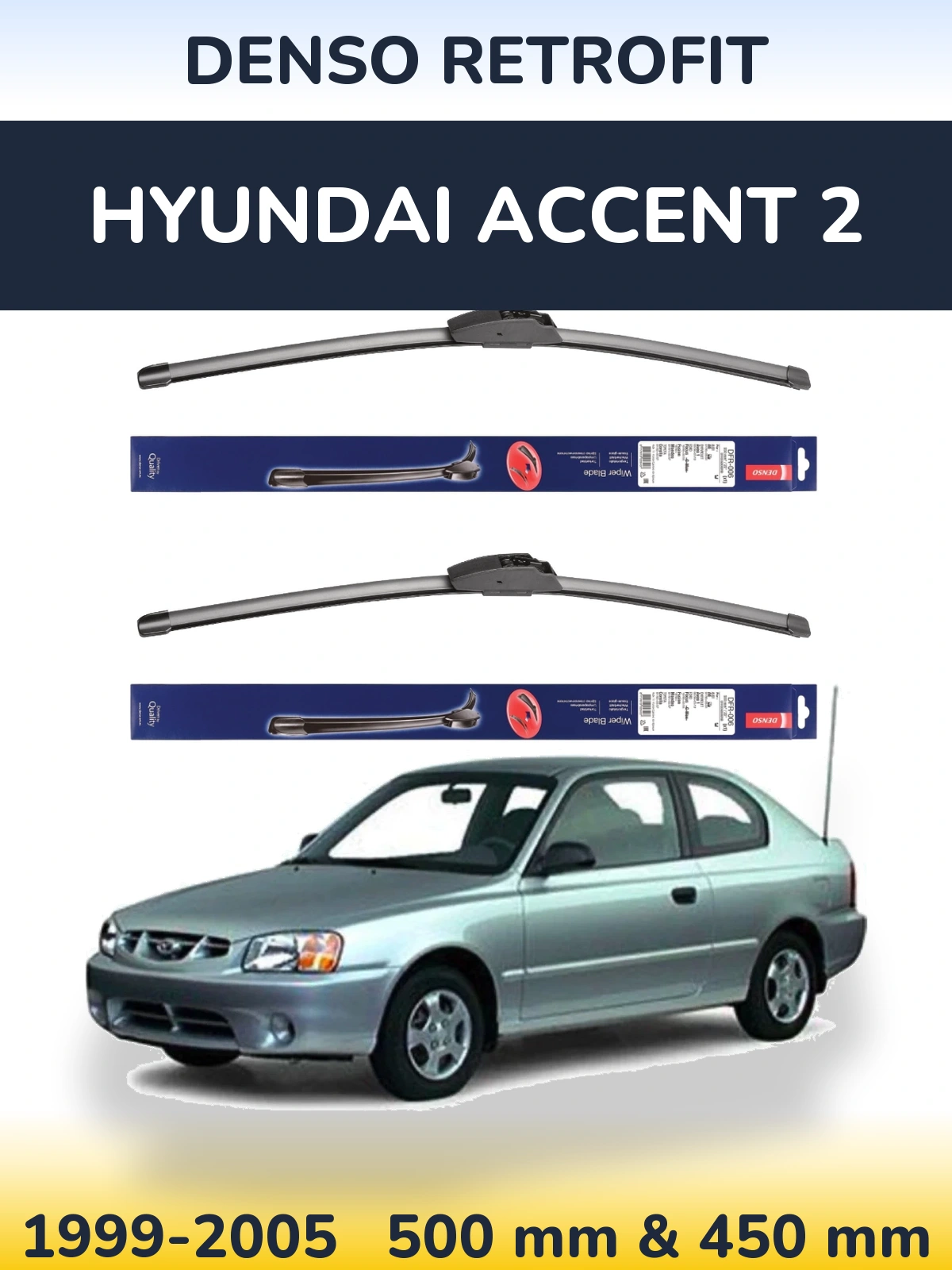 Front wiper blade set Denso Retrofit 500 & 450 mm for Hyundai Accent 2 1999-2005