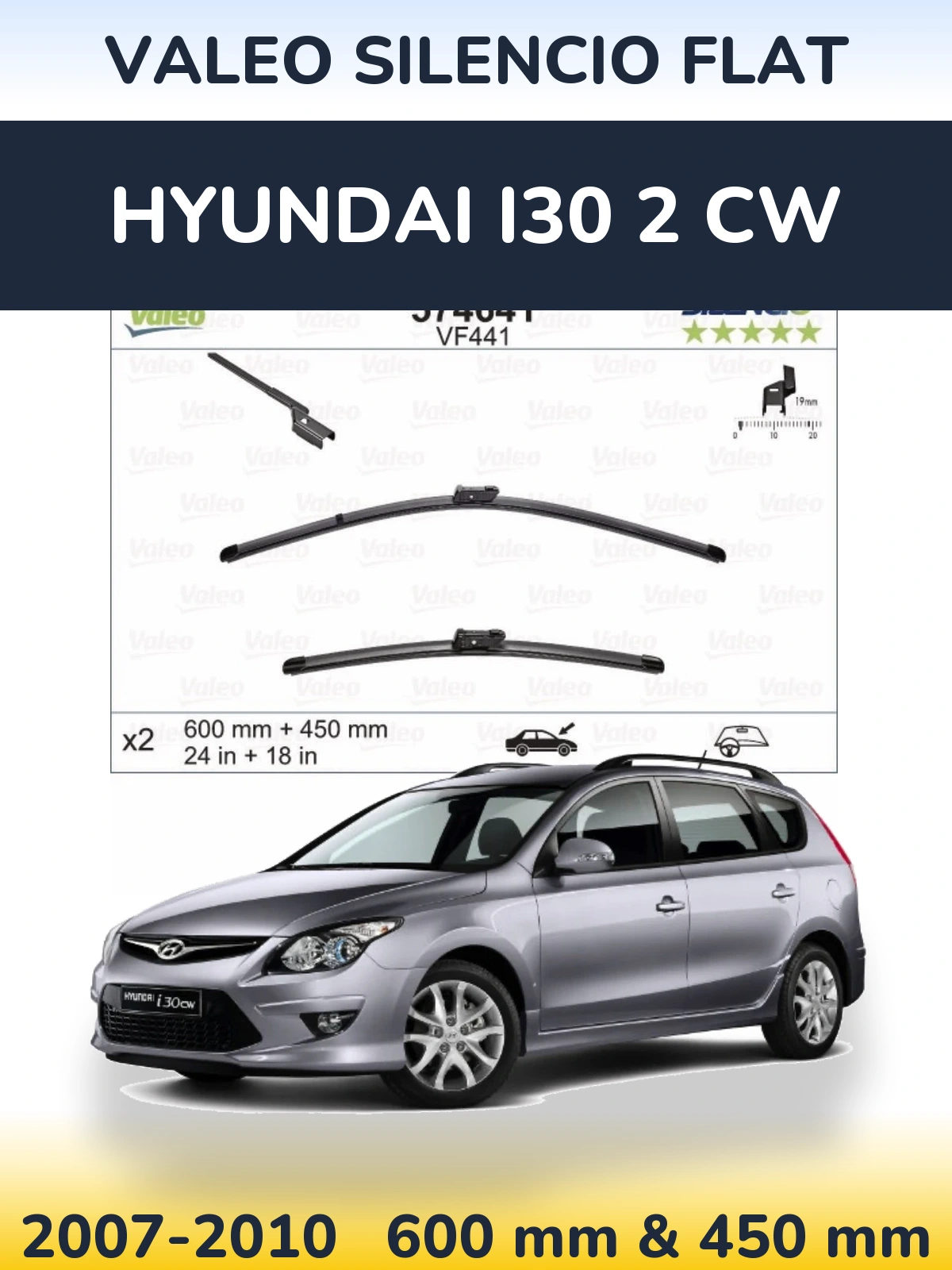 Front wiper blade set Valeo Silencio Flat 600 & 450 mm for Hyundai i30 2 CW 2007-2010