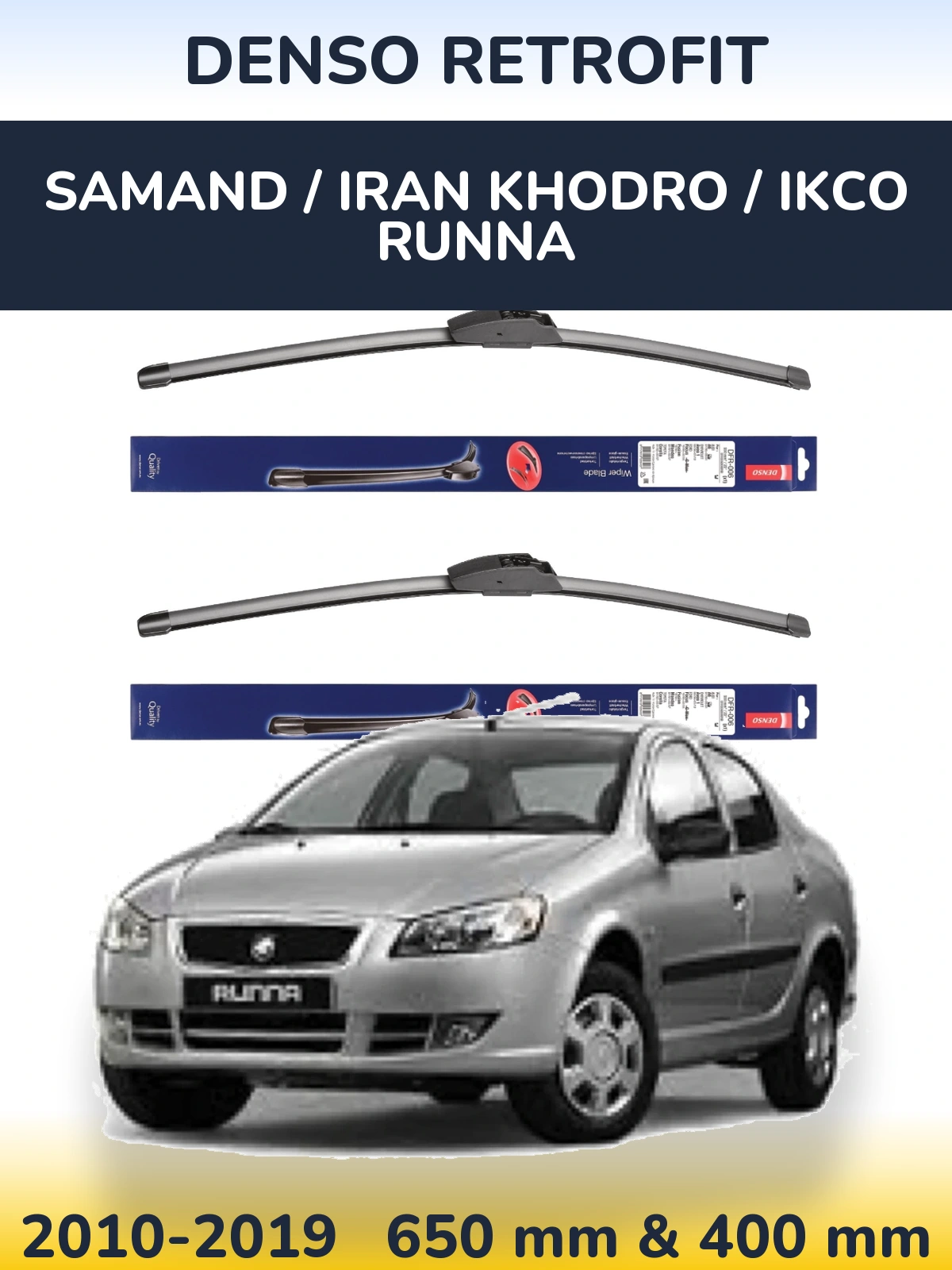 Комплект передних дворников Denso Retrofit 650 & 400 мм для Samand / Iran Khodro / IKCO Runna 2010-2019