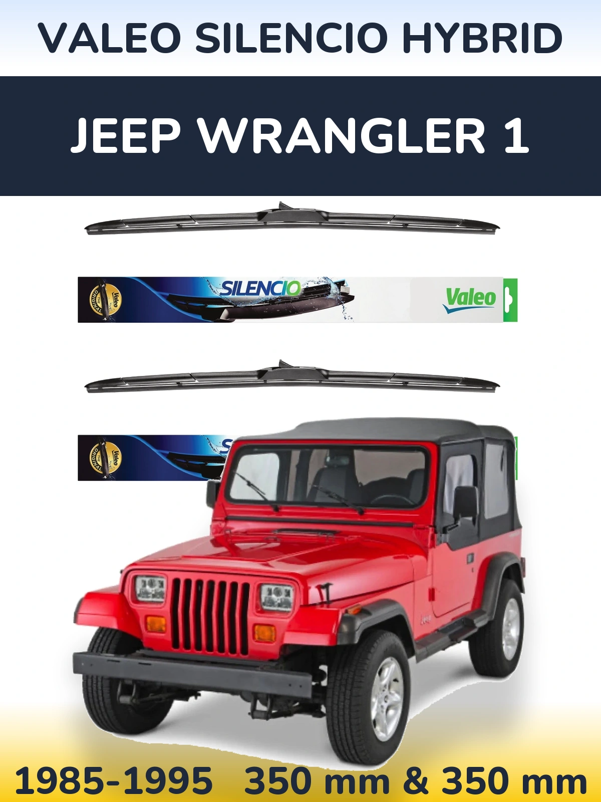 Front wiper blade set Valeo Silencio Hybrid 350 & 350 mm for Jeep Wrangler 1 1985-1995