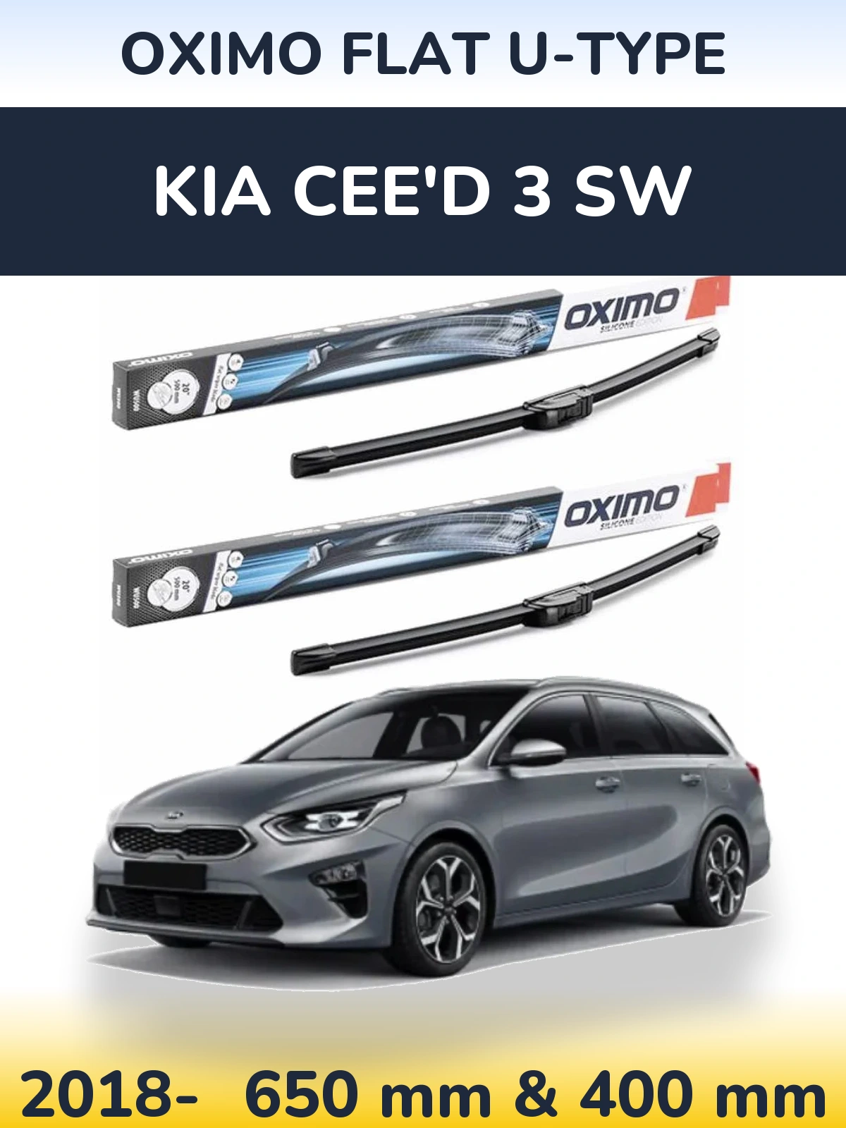 Комплект передних дворников Oximo Flat U-type 650 & 400 мм для KIA Cee'd 3 SW 2018-2026