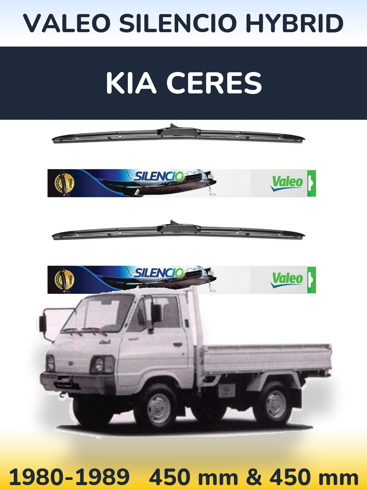 Front wiper blade set Valeo Silencio Hybrid 450 & 450 mm for KIA Ceres 1980-1989