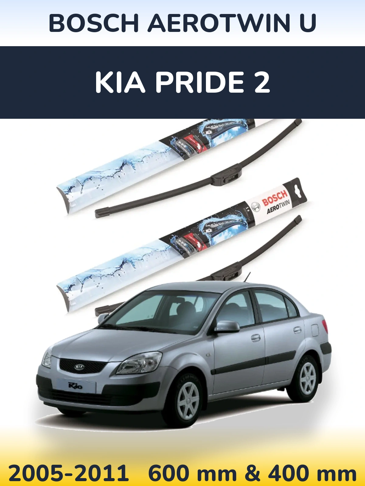 Front wiper blade set BOSCH AeroTwin U 600 & 400 mm for KIA Pride 2 2005-2011