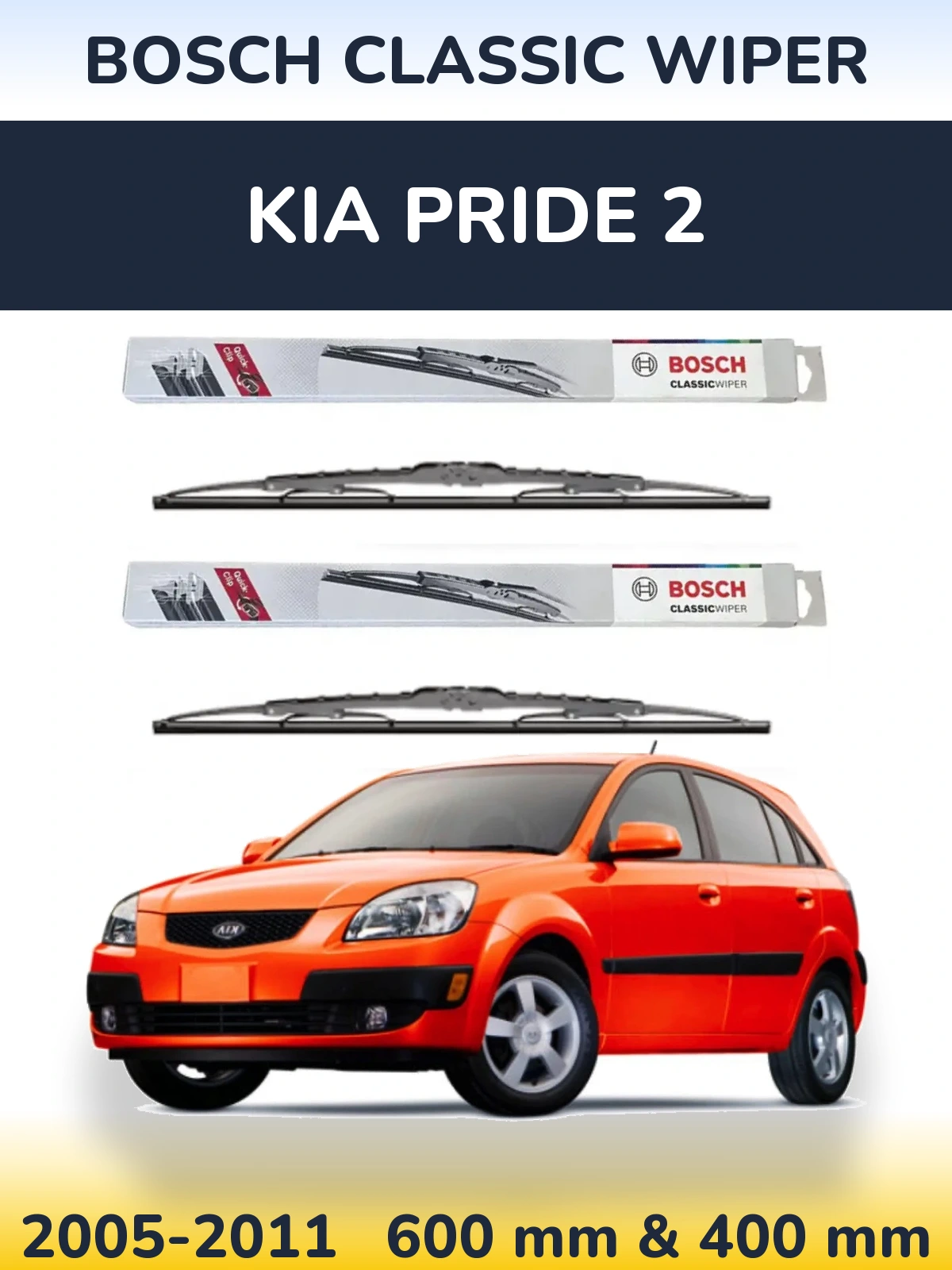 Front wiper blade set BOSCH Classic Wiper 600 & 400 mm for KIA Pride 2 2005-2011