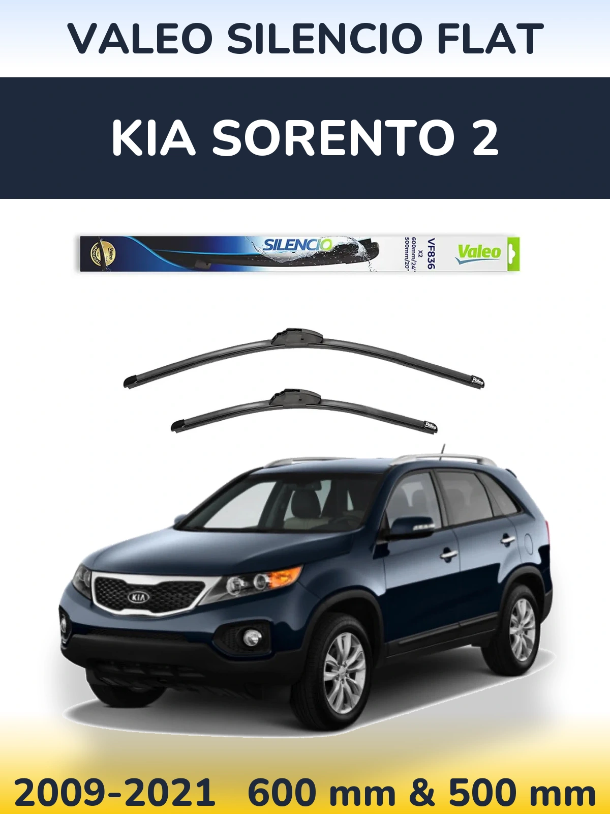 Front wiper blade set Valeo Silencio Flat 600 & 500 mm for KIA Sorento 2 2009-2021