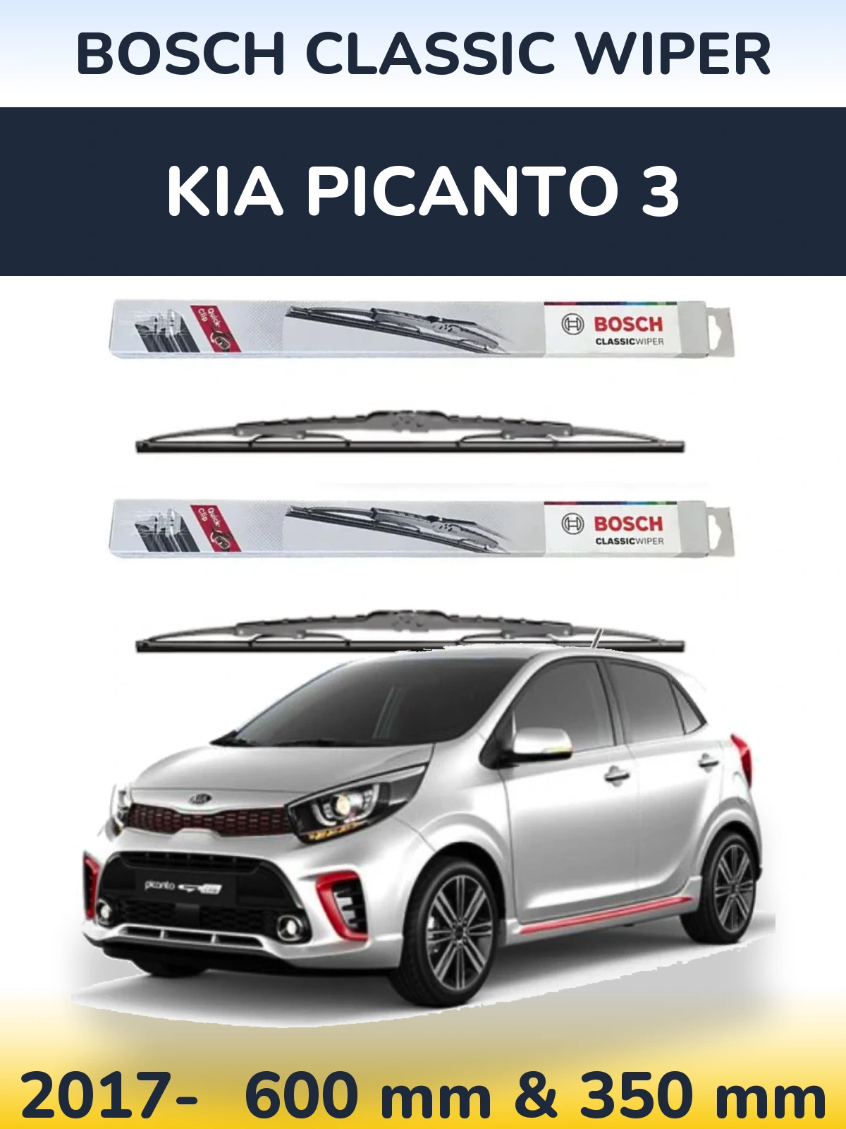 Комплект передних дворников BOSCH Classic Wiper 600 & 340 мм для KIA Picanto 3 2017-2026
