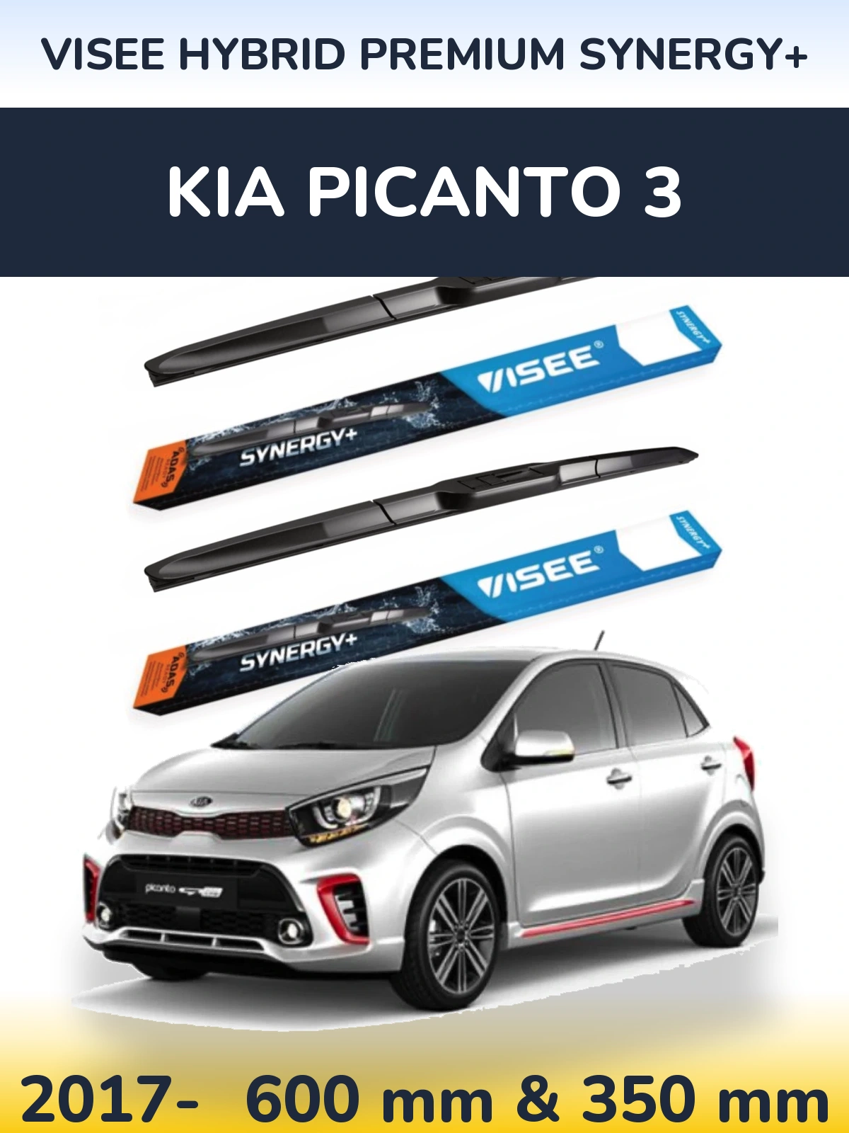 Комплект передних дворников VISEE HYBRID PREMIUM SYNERGY+ 600 & 350 мм для KIA Picanto 3 2017-2026