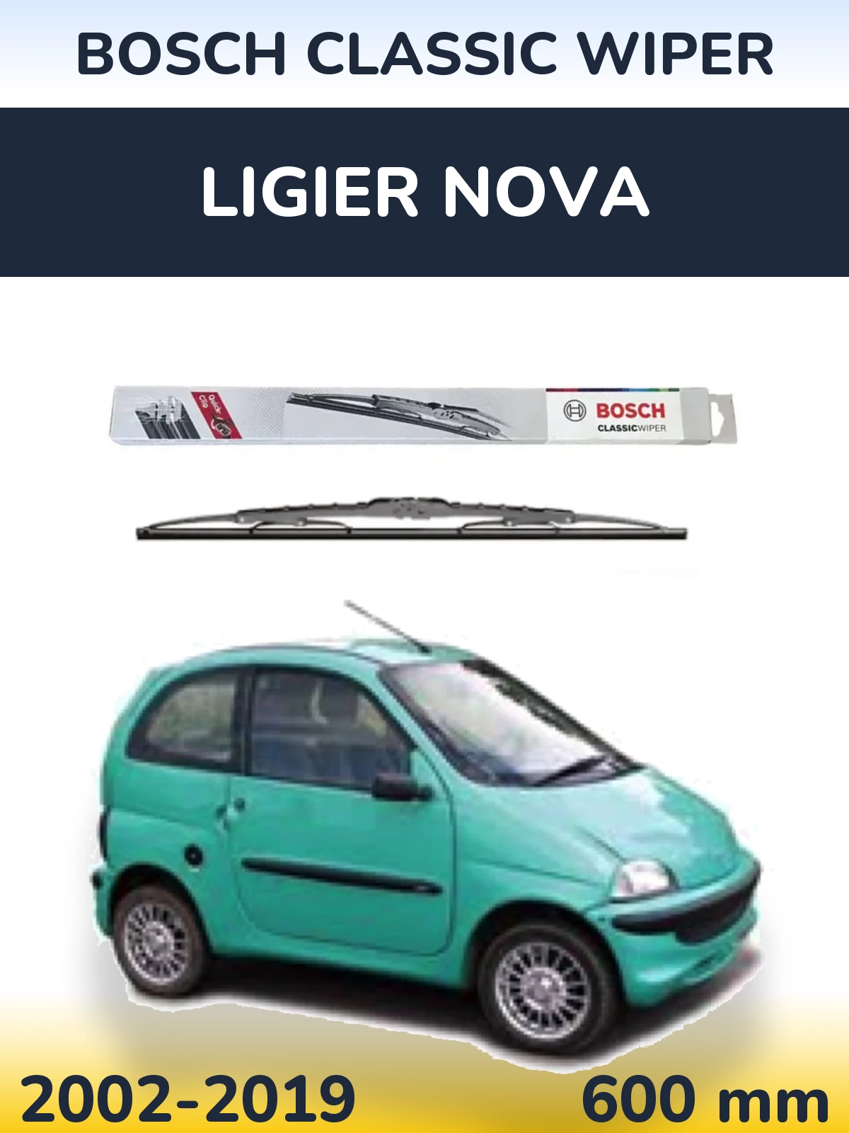 Front wiper blade BOSCH Classic Wiper 600 mm for Ligier Nova 2002-2019
