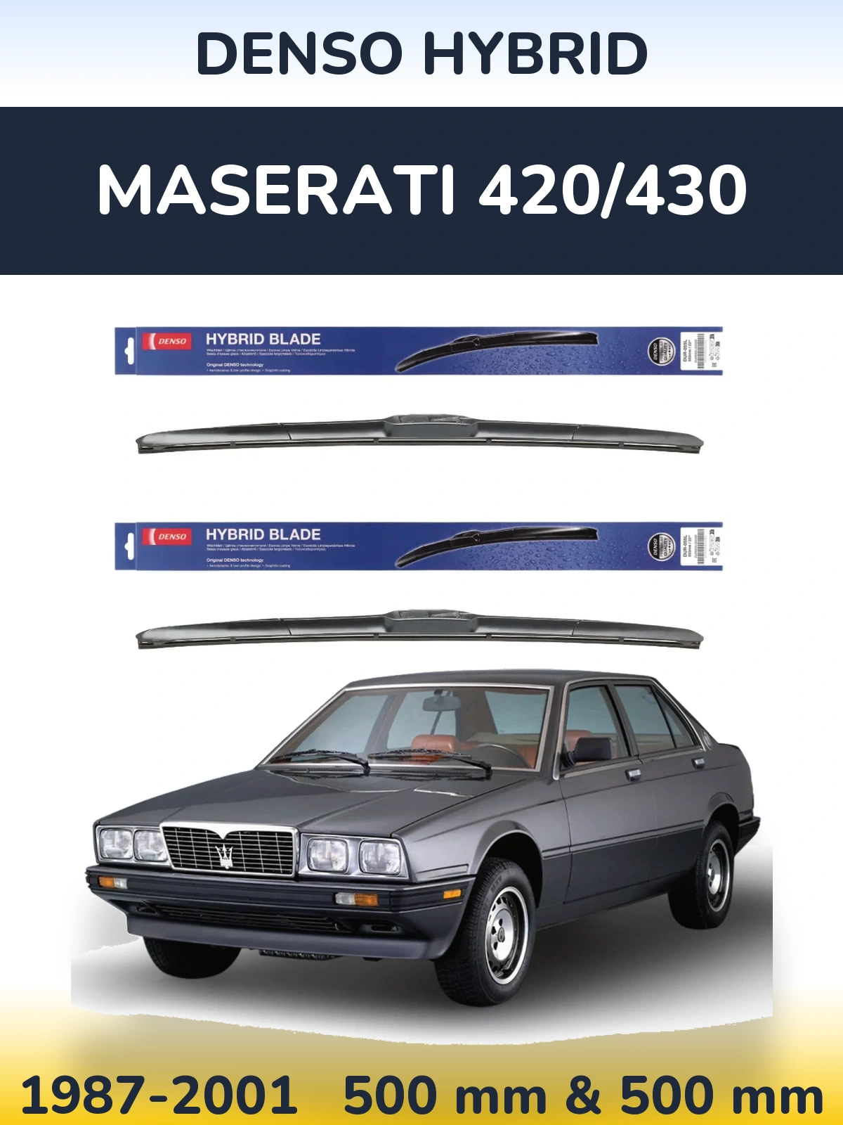 Front wiper blade set Denso Hybrid 500 & 500 mm for Maserati 420/430 1987-2001