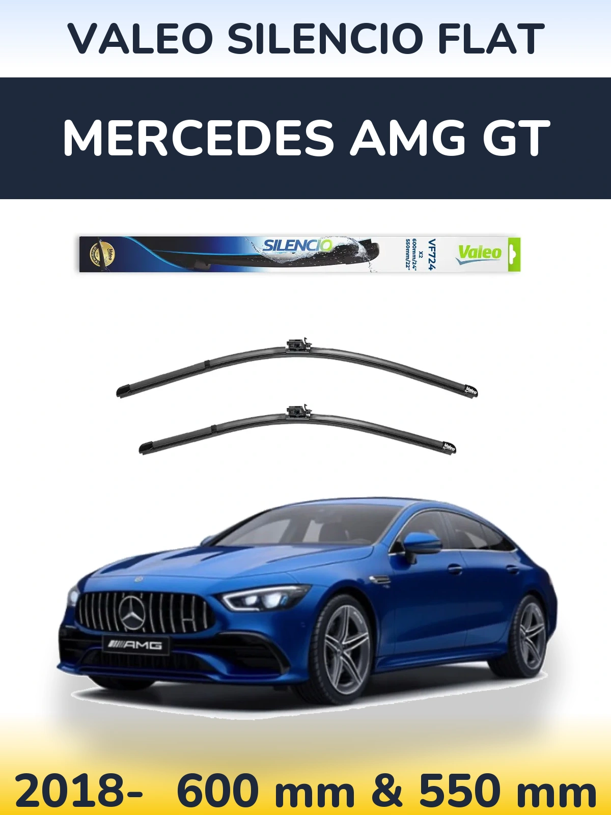 Front wiper blade set Valeo Silencio Flat 600 & 550 mm for Mercedes AMG GT 2018-2026